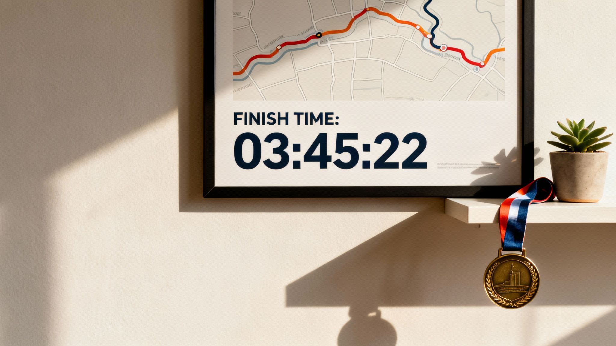 Marathon finisher's display: framed map with time 03:45:22, gold medal, and plant on shelf.
