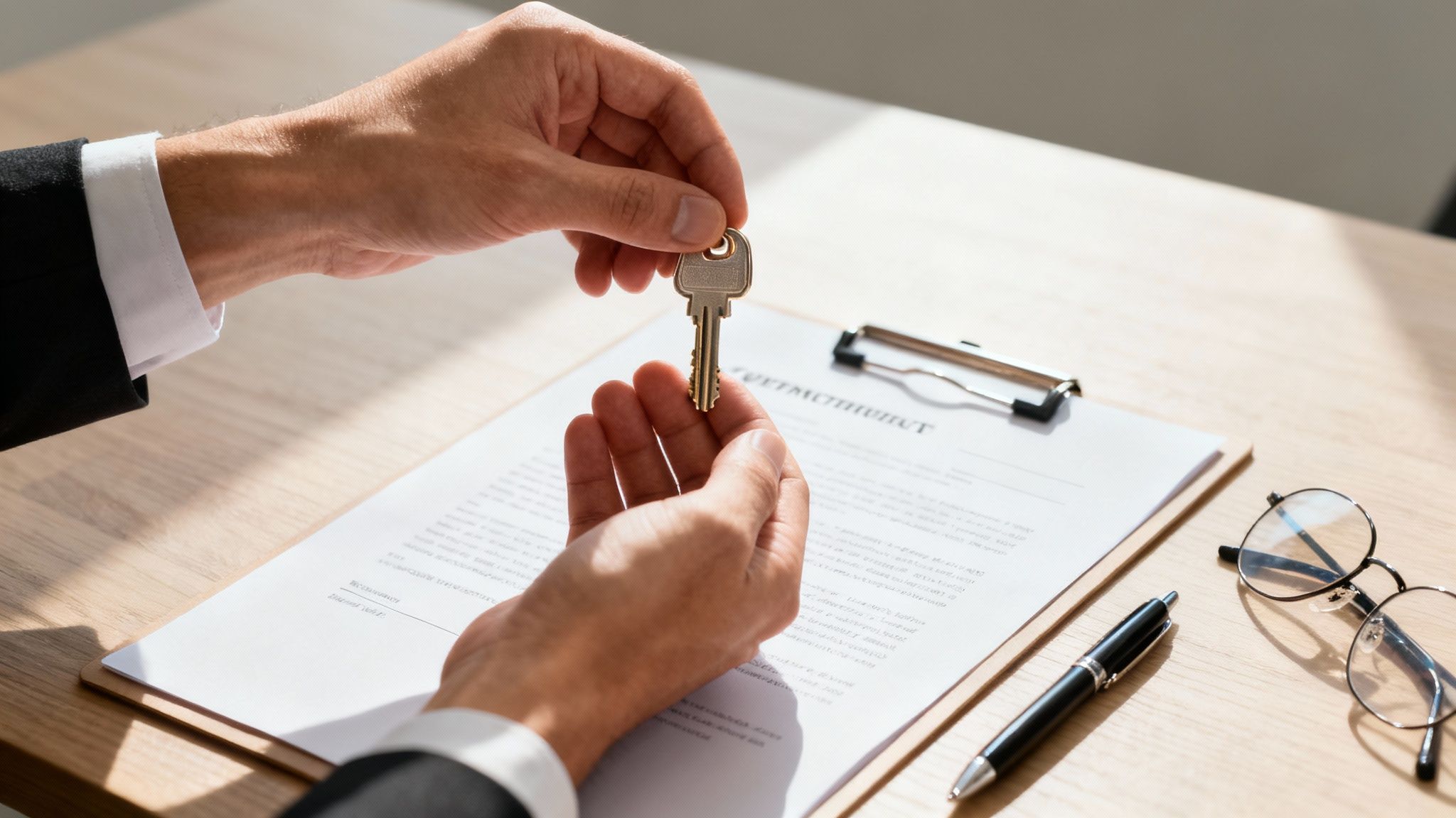 Close-up of a person in a suit handing over a house key above a contract document on a wooden desk.