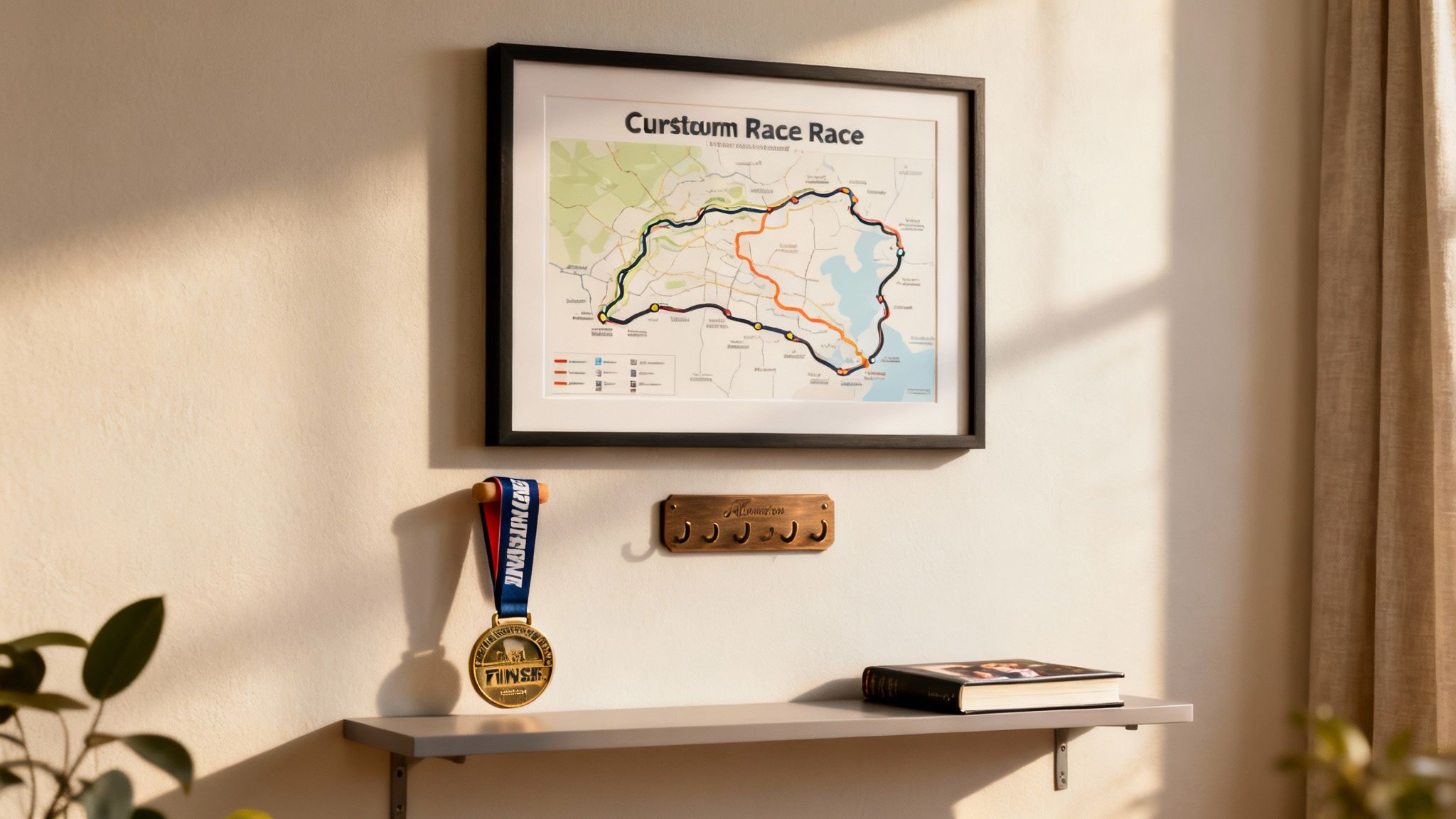 A framed race map, a finish line medal, and a key holder on a wall above a shelf.