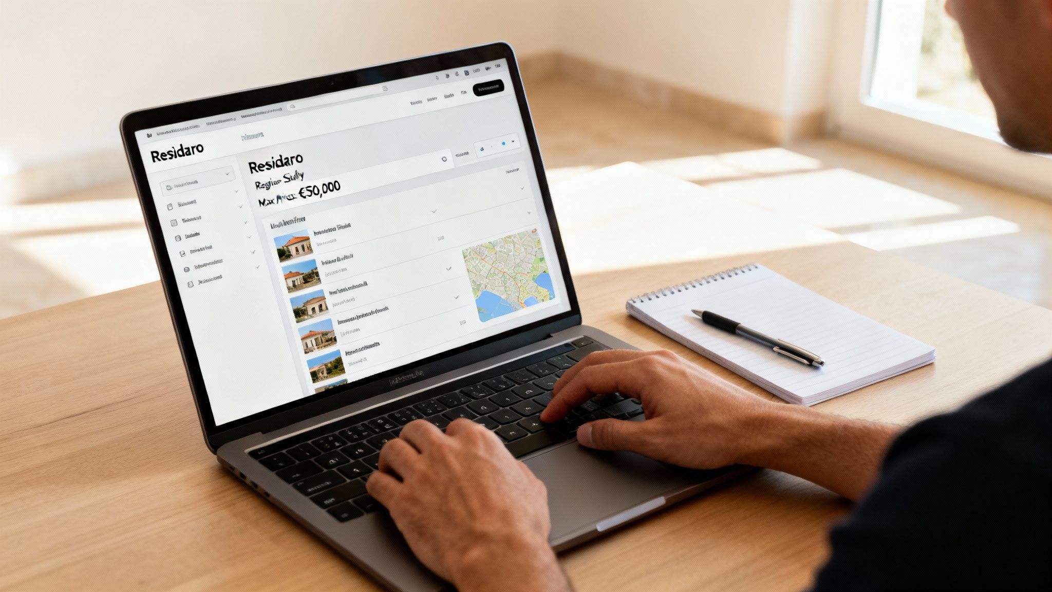 A person types on a laptop displaying a real estate website with properties for sale and a map.