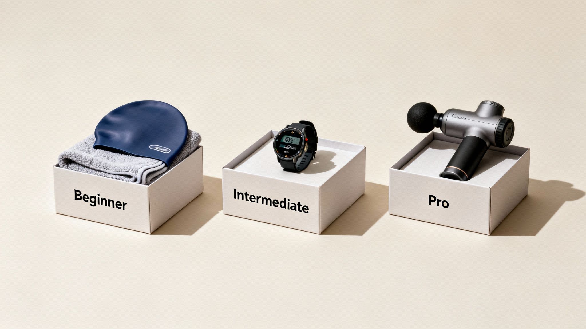 Three boxes display triathlon gifts categorized by beginner, intermediate, and pro fitness levels.