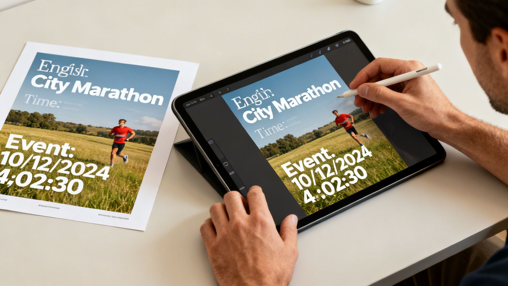 A person digitally editing a City Marathon poster on a tablet, with a printed version beside it.