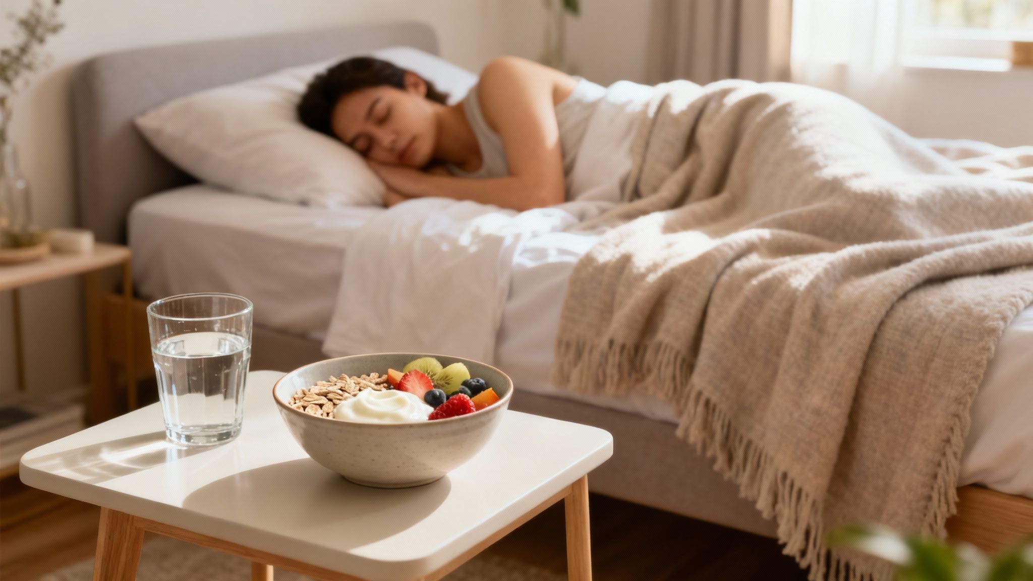 A person sleeps soundly in a bright bedroom, with a healthy breakfast and water on a side table.