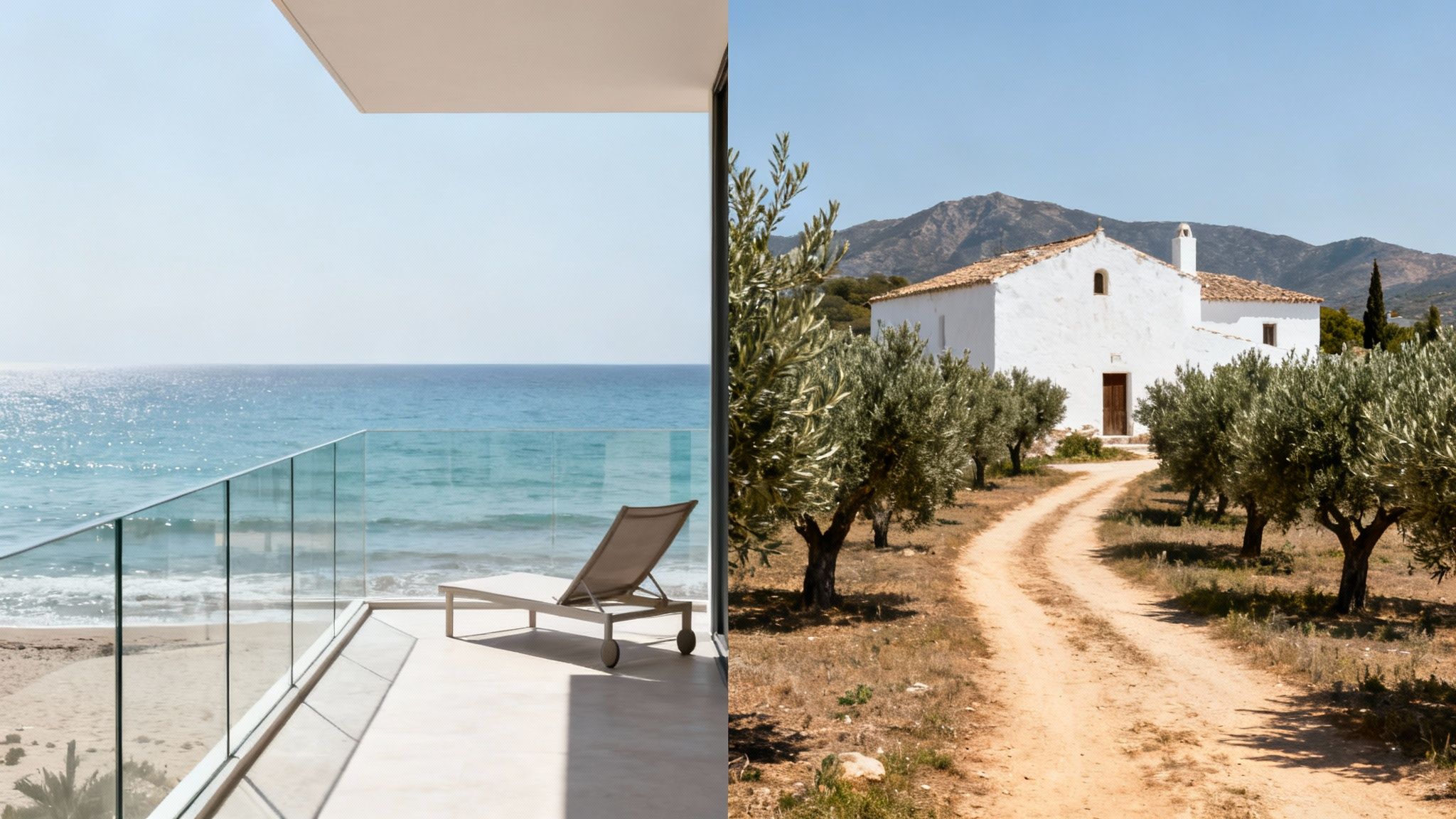 A split image: modern beachfront balcony with ocean view and a traditional white house with olive trees.