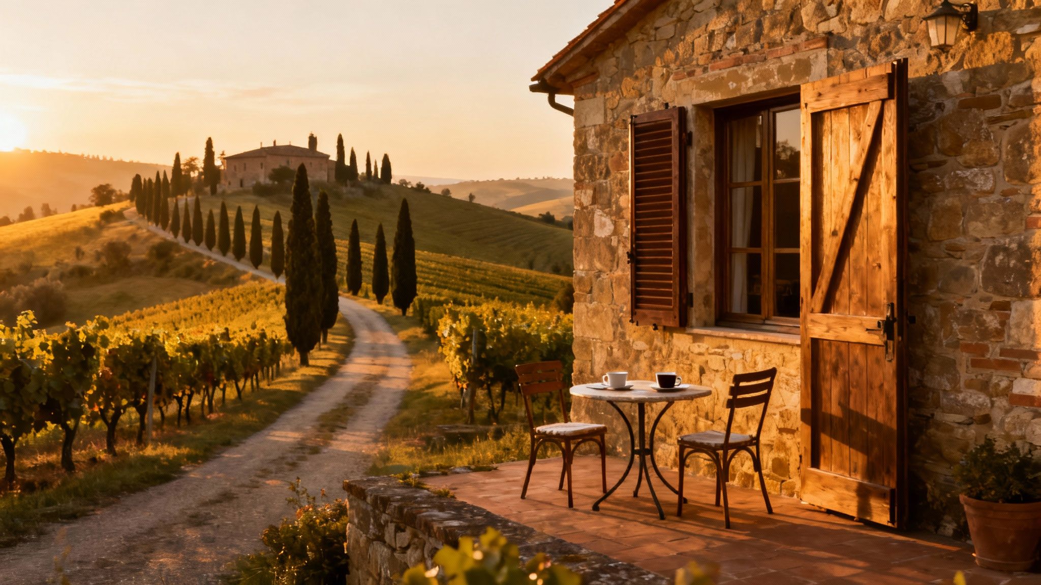 Tuscan stone house patio at sunset overlooking vineyards and cypress-lined road.