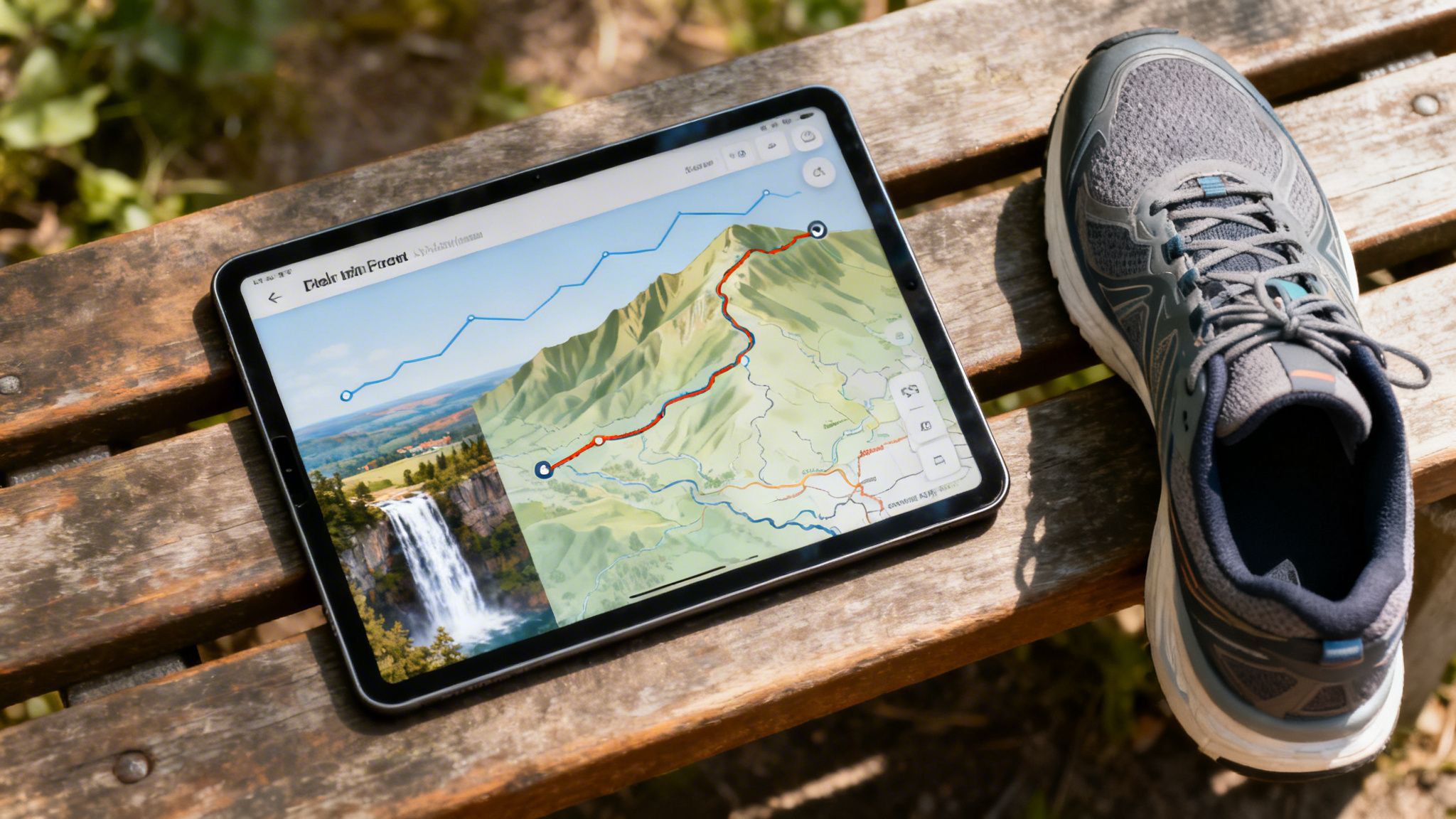 A tablet displays a hiking trail map with an elevation profile and waterfall photo next to a running shoe on a wooden bench.