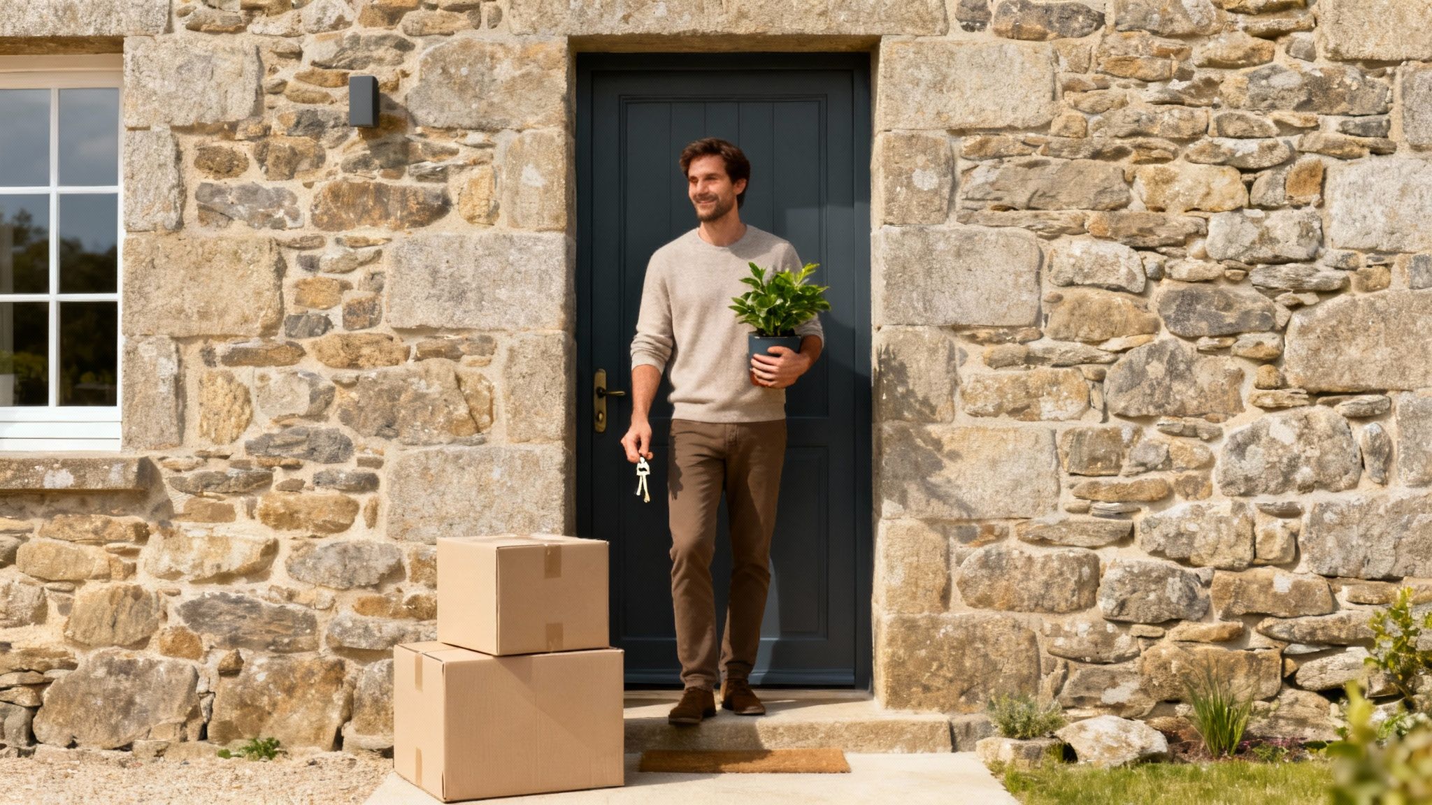 A charming street in a Brittany town, with stone houses and colorful flowers.