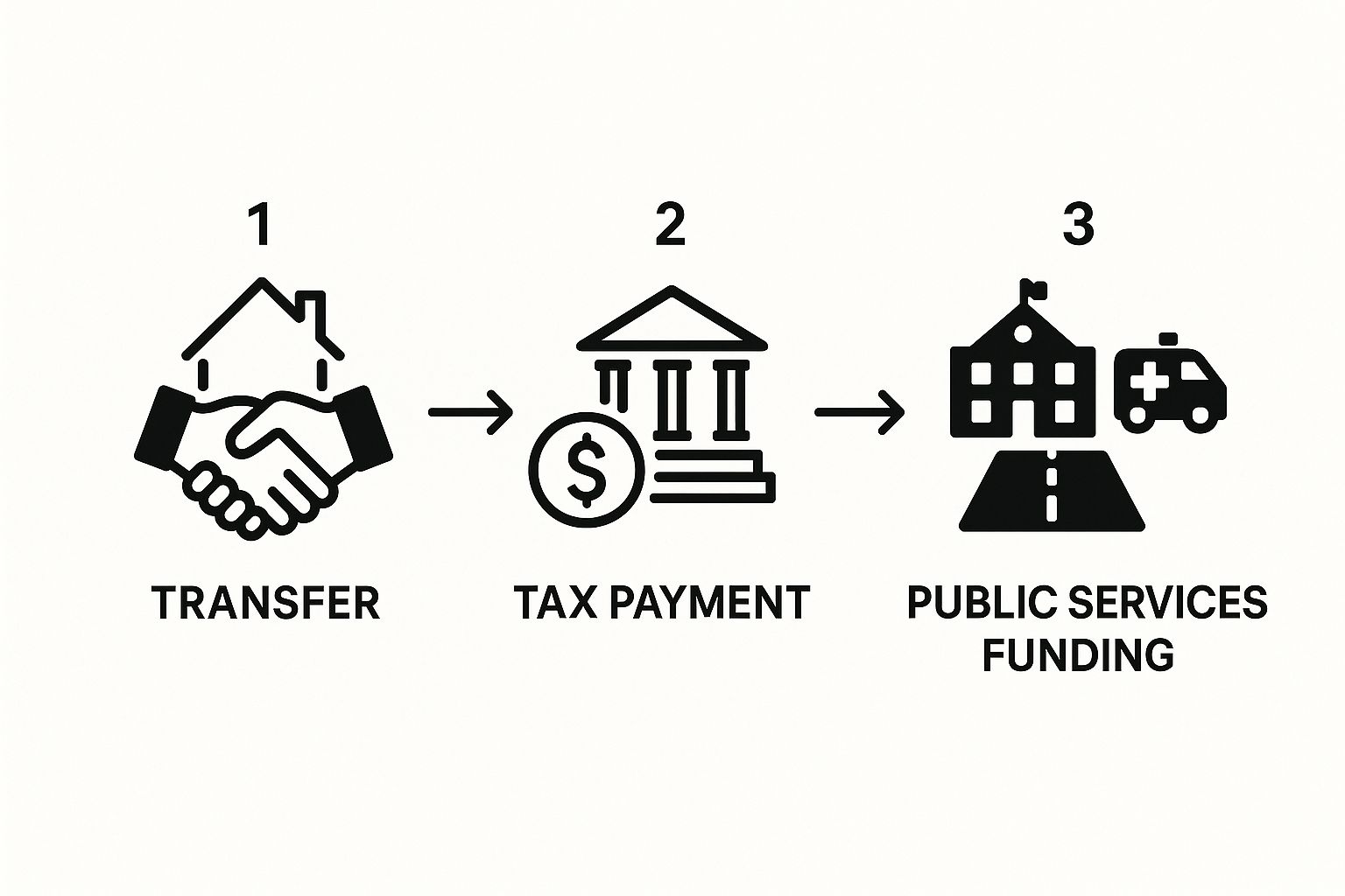 Infographic showing the property transfer tax process from a title transfer, to tax payment, to funding public services like schools and roads.