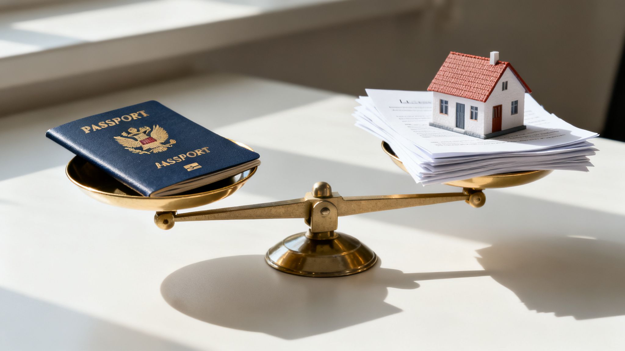A balance scale comparing a blue passport to a model house on a stack of documents.