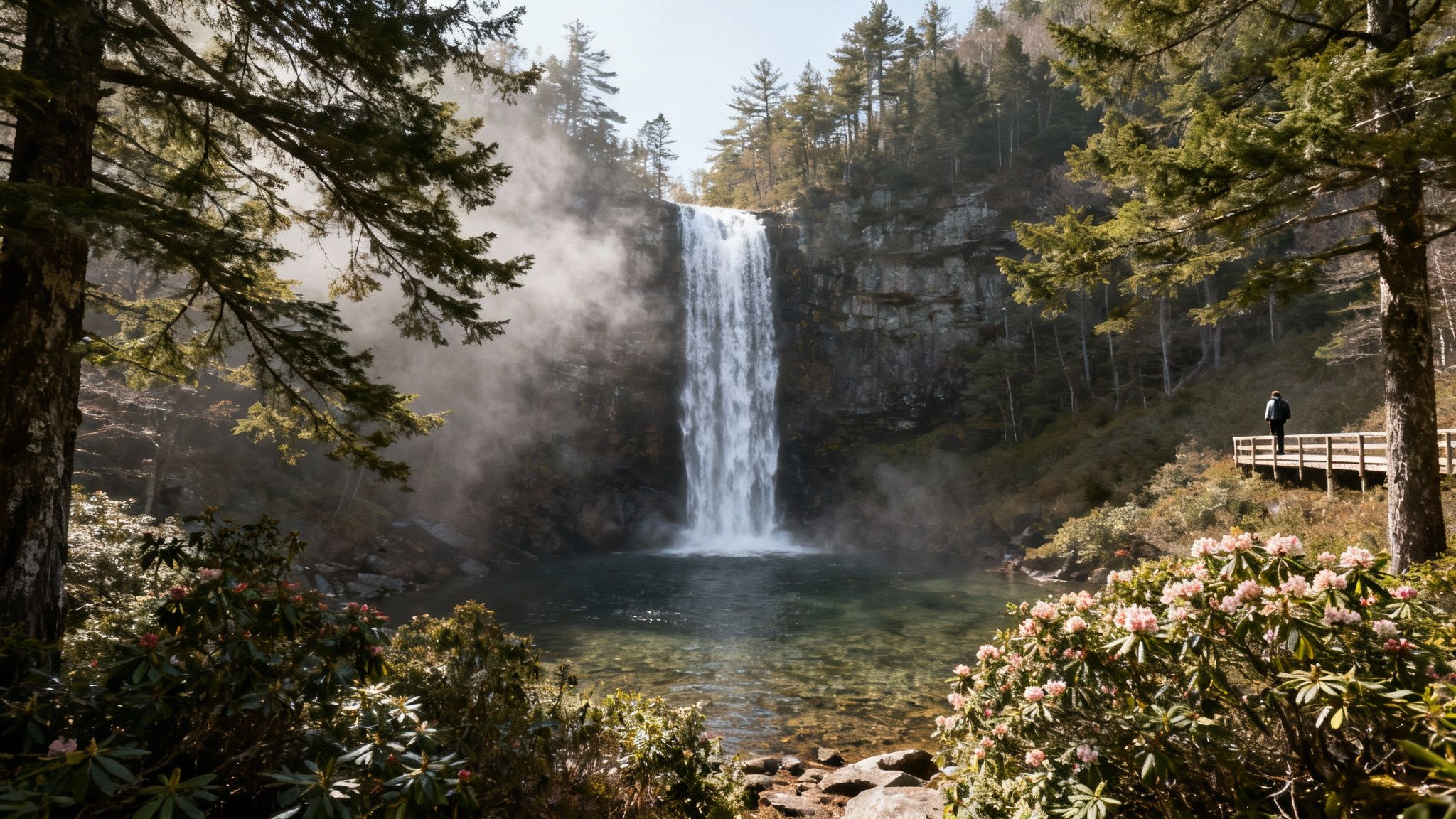 A powerful waterfall plunges into a misty pool surrounded by lush trees, with a person on a scenic boardwalk.