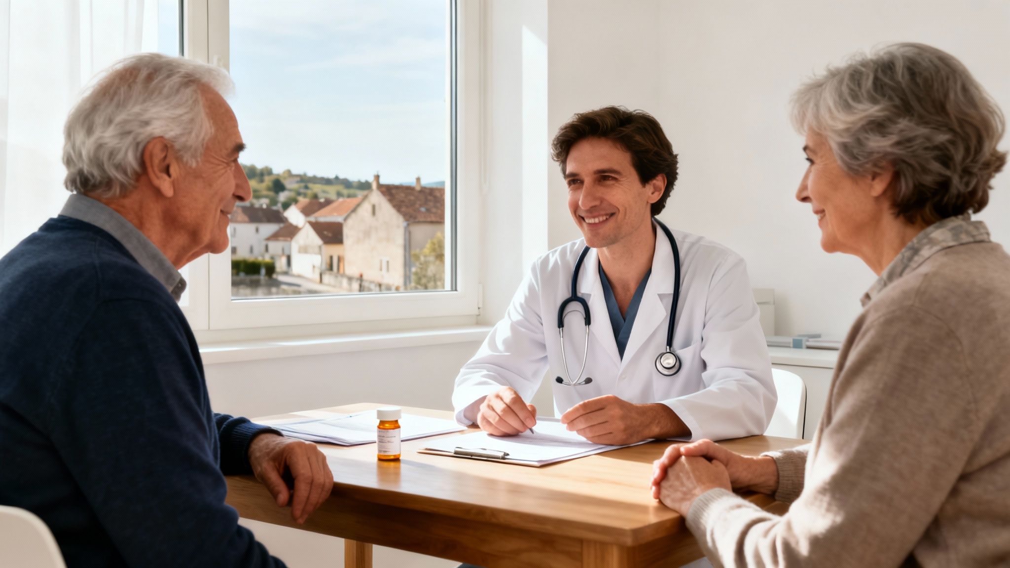 A friendly doctor consults with an elderly couple at a wooden table in a sunny office.