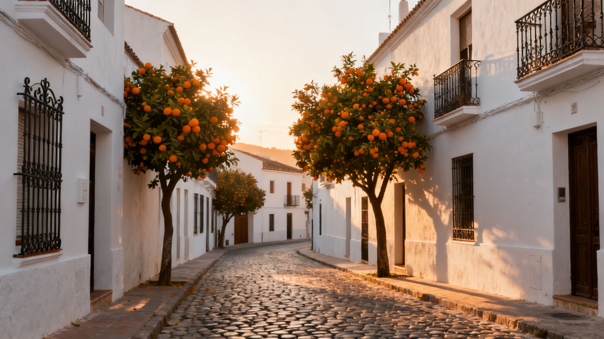 A picturesque cobblestone street in a white Spanish village, featuring lush orange trees at sunset.
