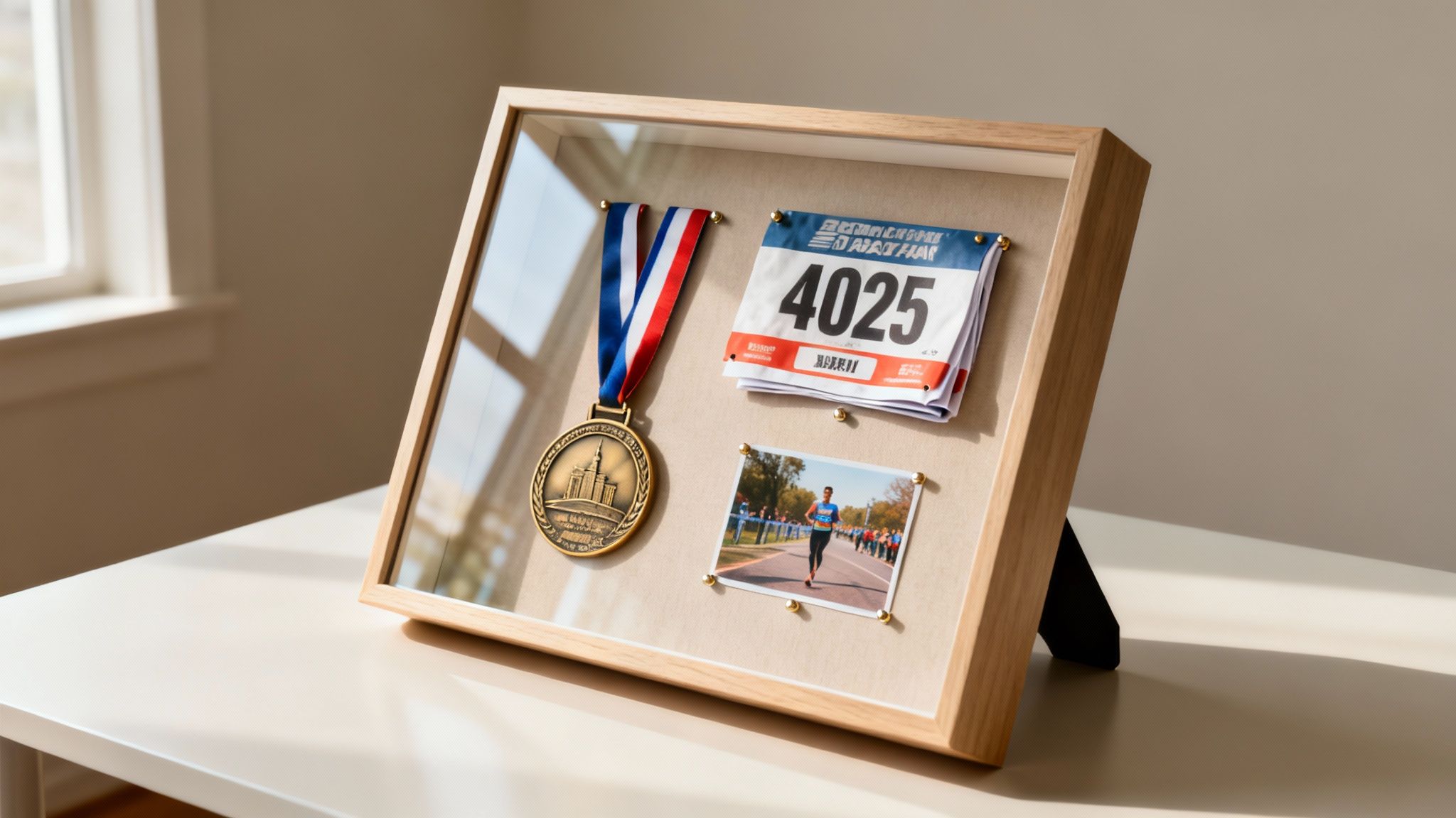 A wooden shadow box proudly displaying a running medal, race bib 4025, and a photo of a runner.