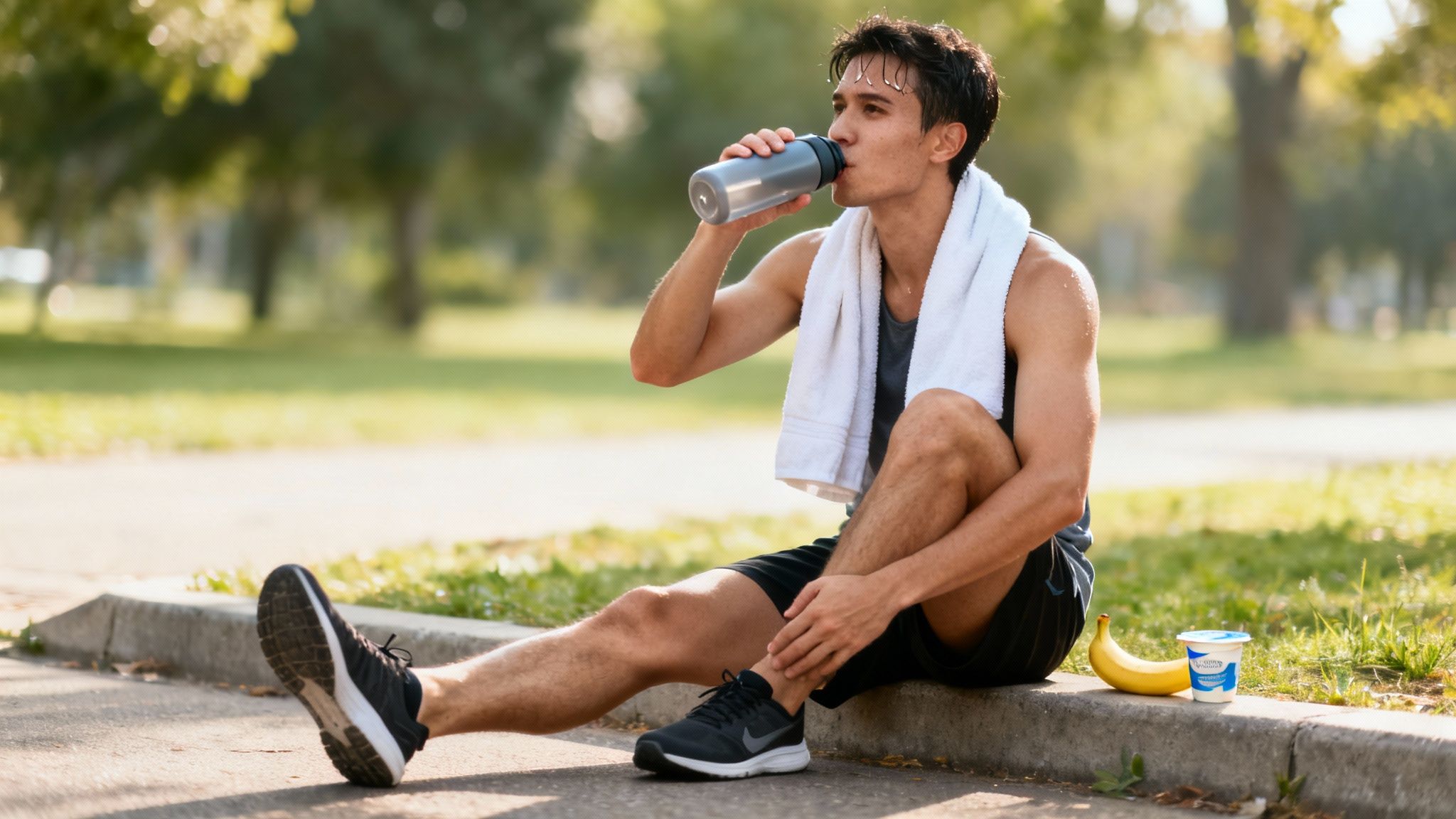 A male runner sits on a curb, sweating and drinking water after a workout, with a banana and yogurt nearby.
