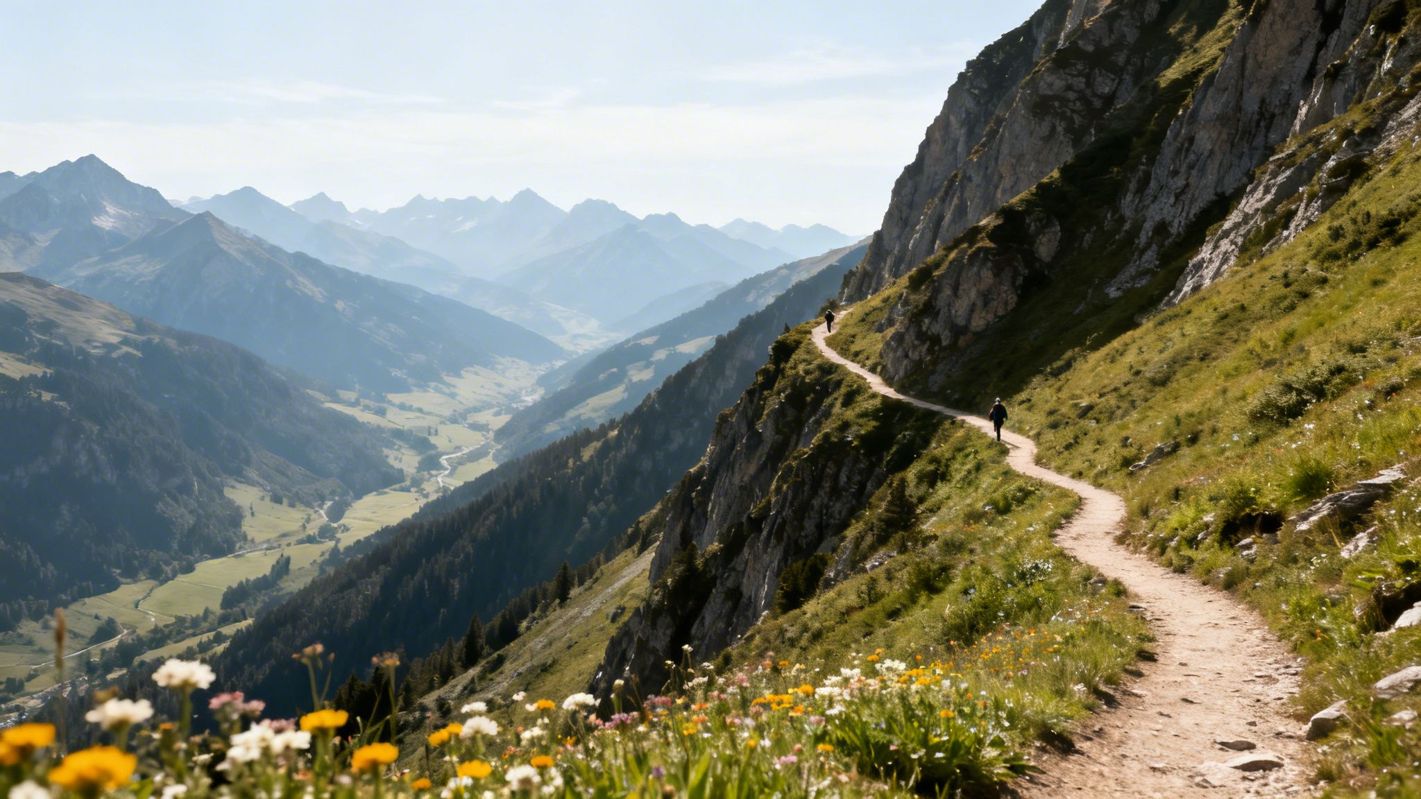 A scenic winding mountain trail with hikers overlooking a vast valley and distant peaks.