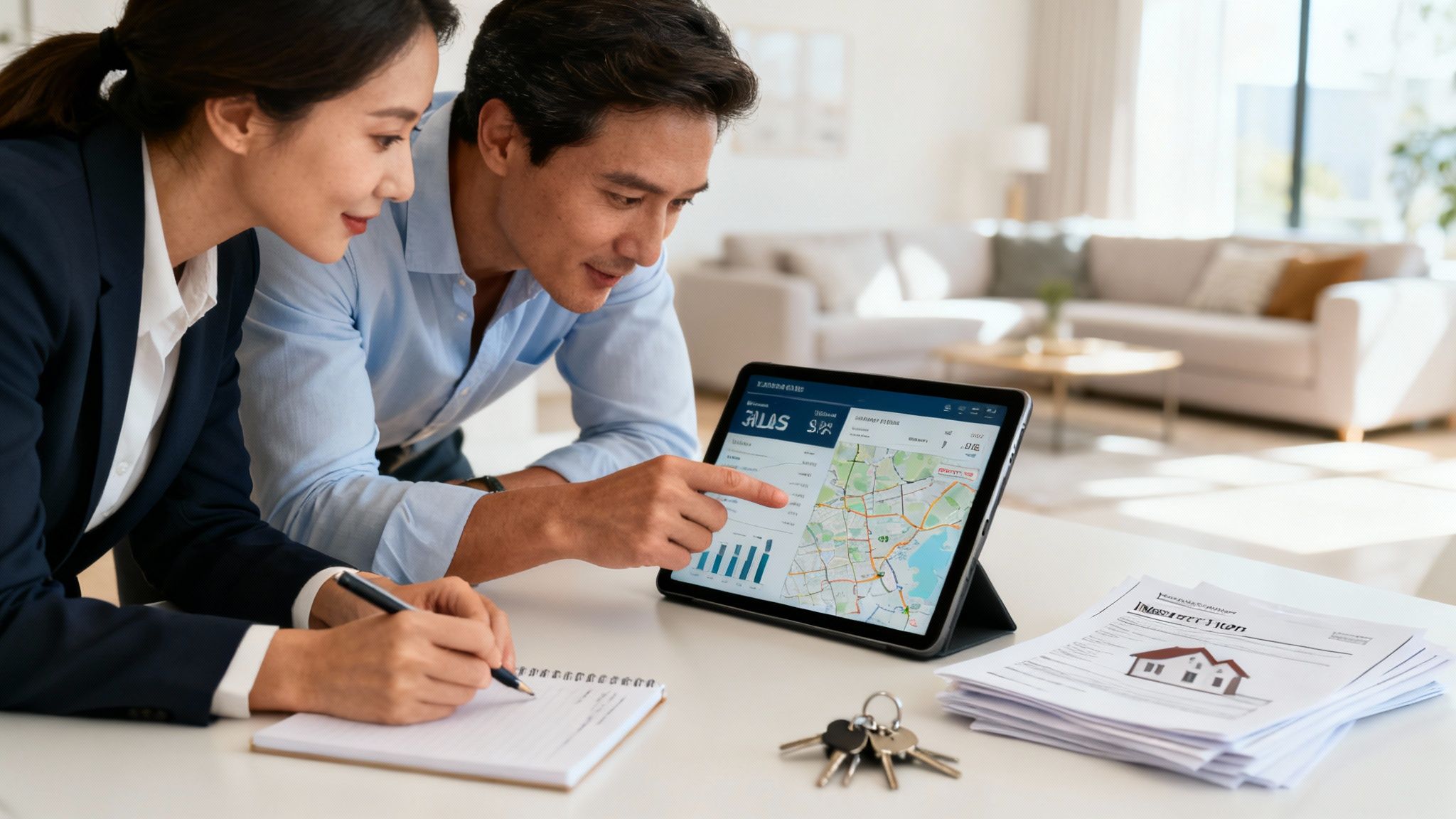 A real estate agent and client review property data on a tablet, with documents and keys.