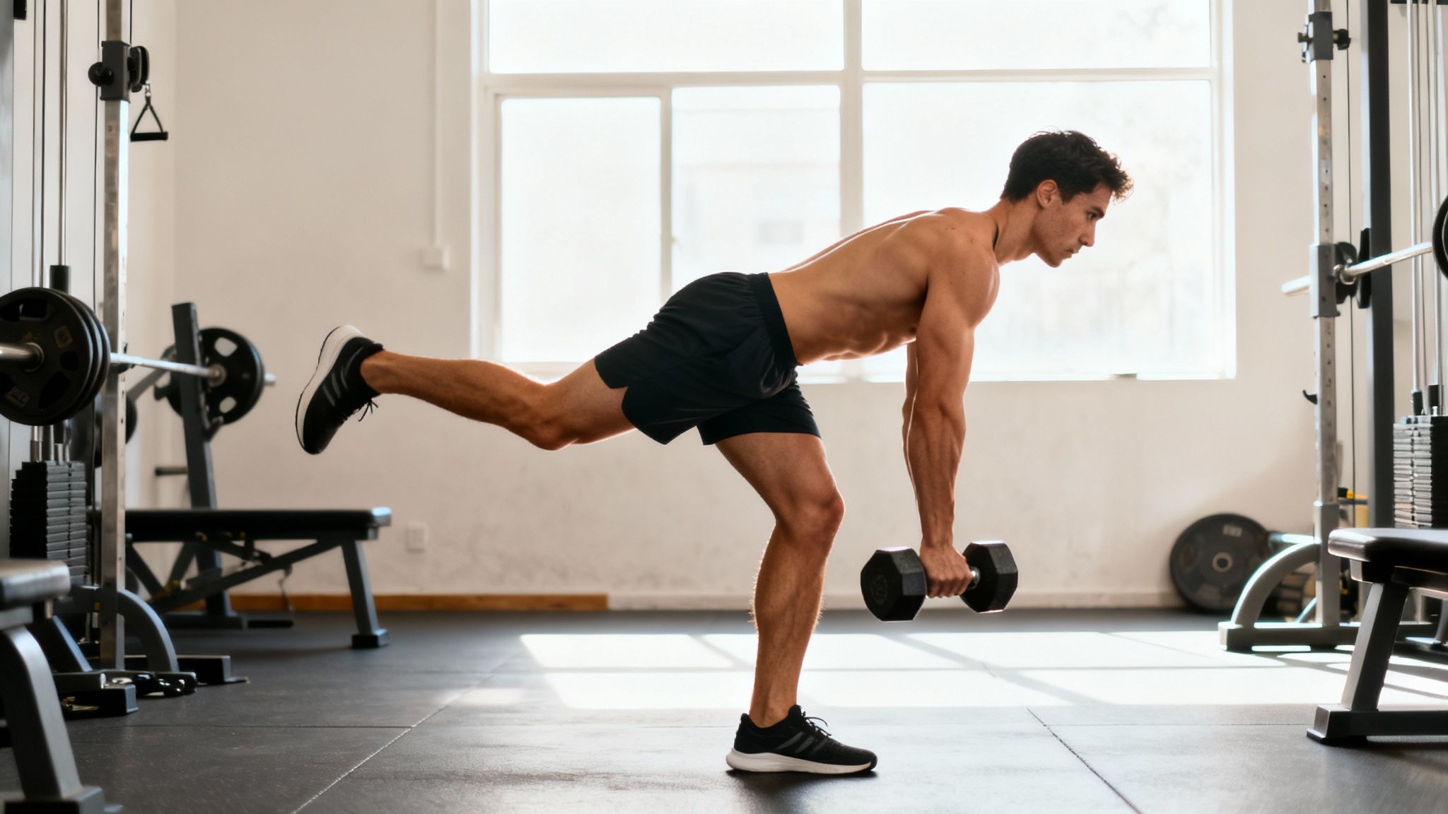Shirtless man performing a single-leg Romanian deadlift with dumbbells in a bright gym.
