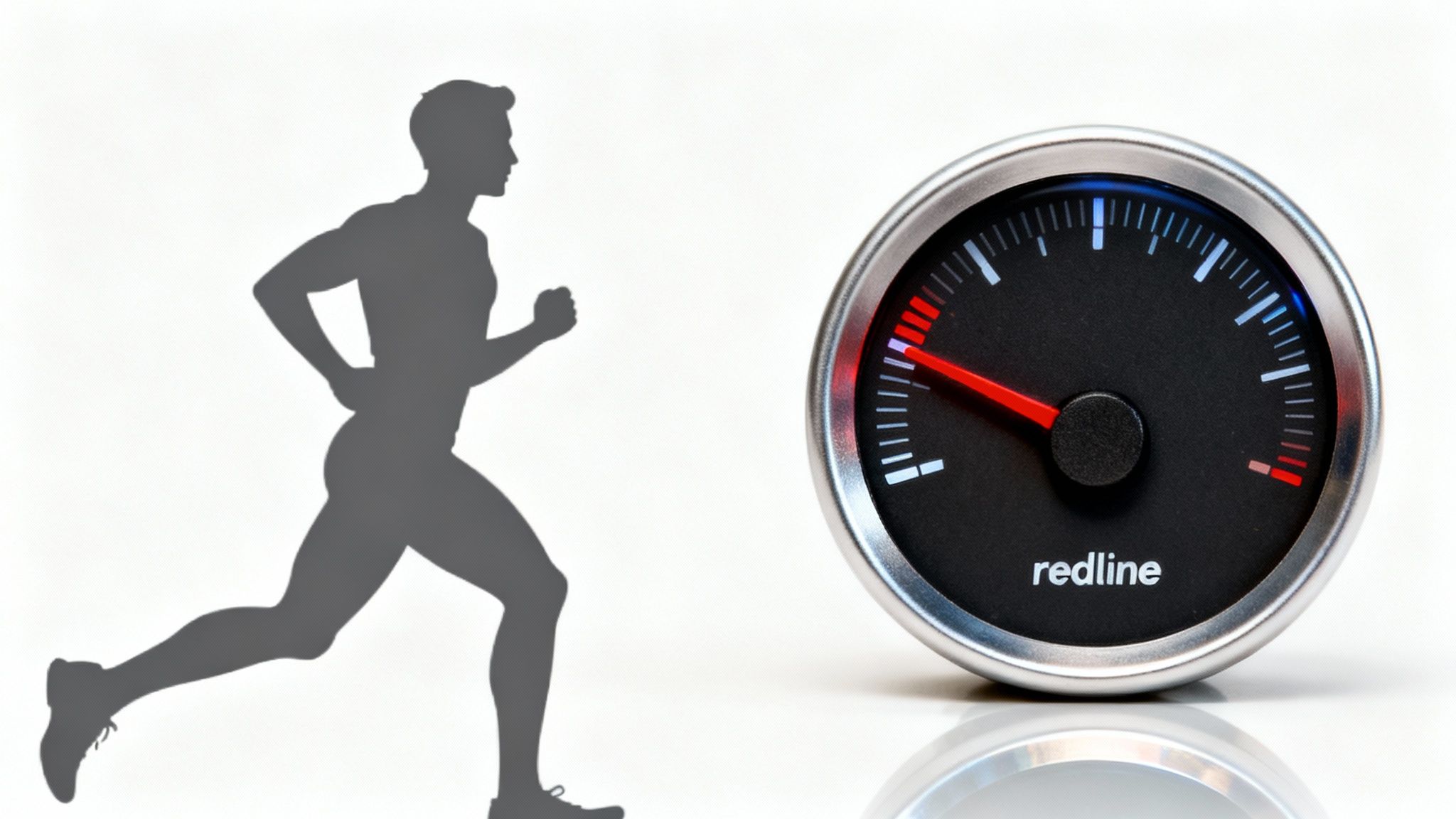 Silhouette of a runner beside a gauge with a red needle at the redline, symbolizing maximum effort.