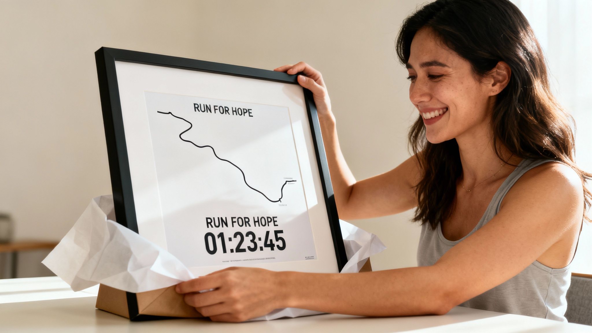 A smiling woman unpacks a framed running achievement print that says 'Run for Hope' and '01:23:45'.