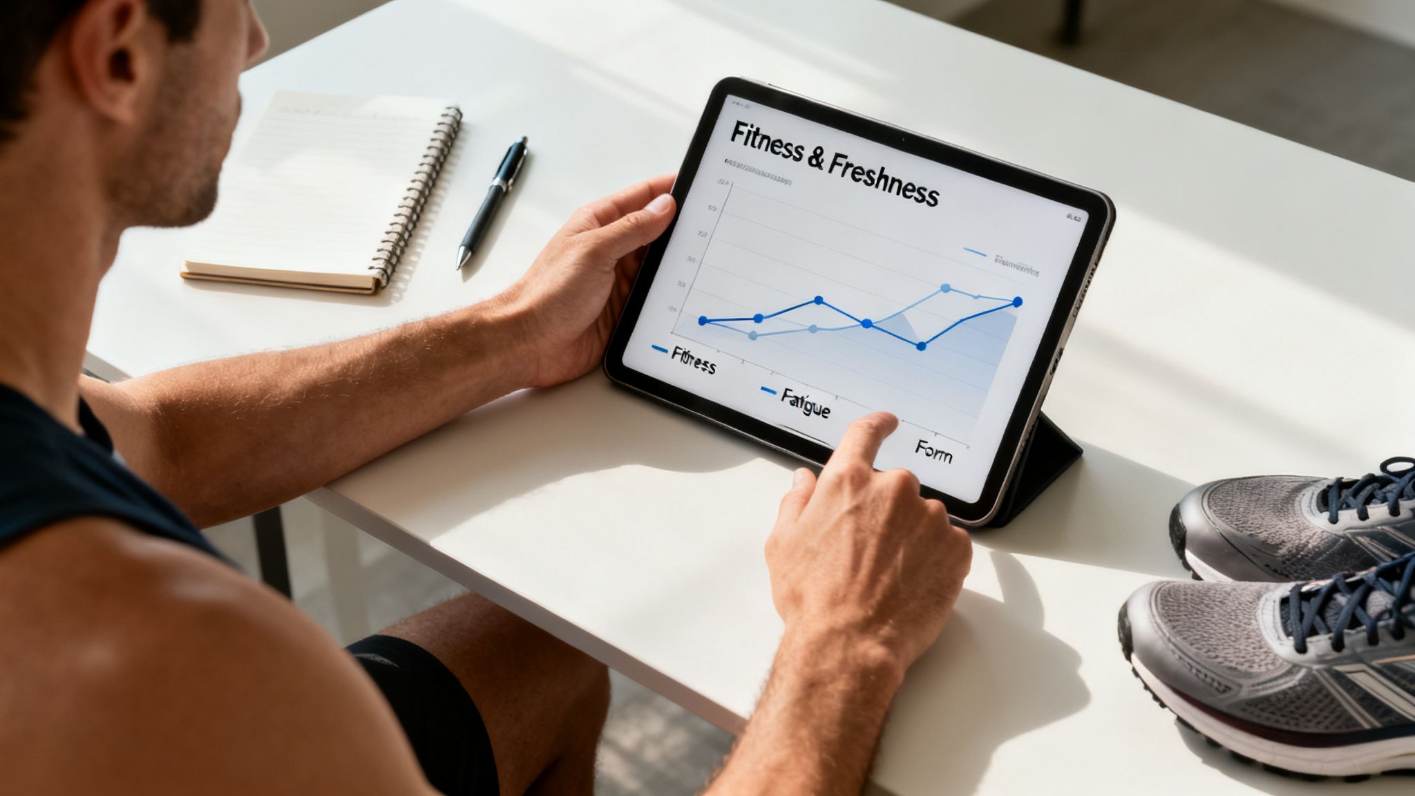 Man analyzing fitness and freshness data on a tablet, with running shoes nearby.