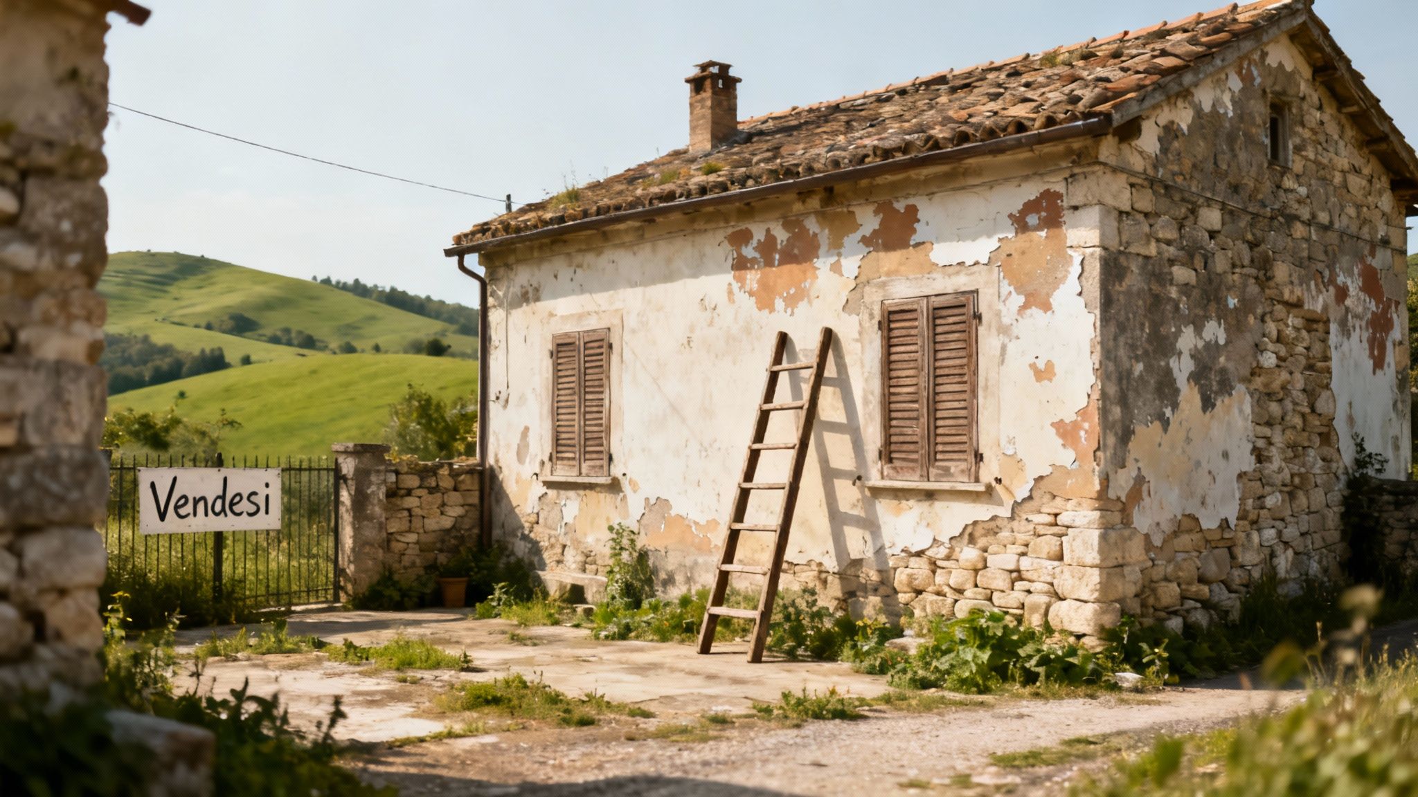 A charming, rustic Italian villa with stone walls, surrounded by lush greenery and flowers.
