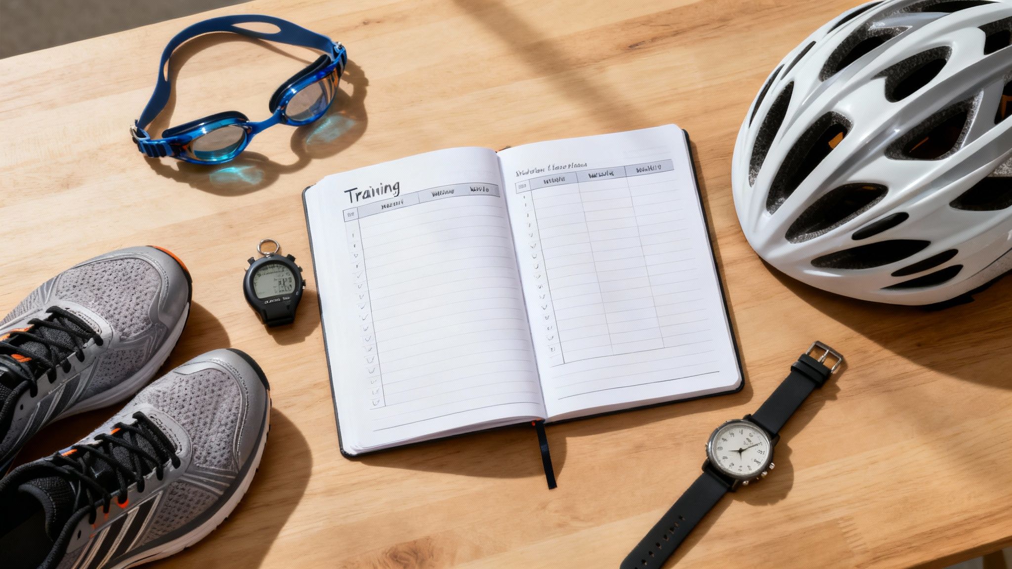 Sports equipment laid out on a wooden table, including running shoes, goggles, a helmet, and a training journal.