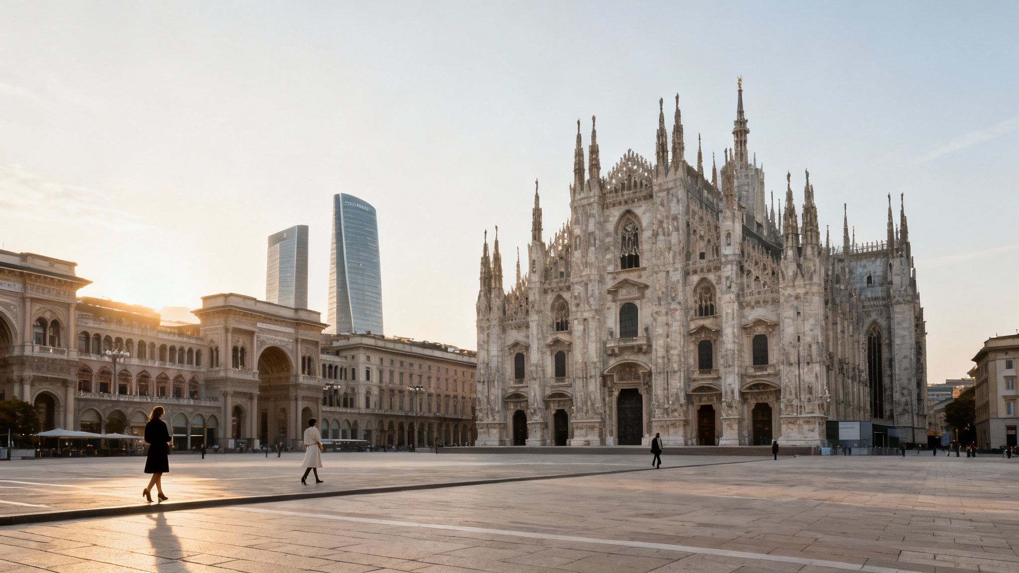 Morning light illuminates Milan's Duomo and Galleria Vittorio Emanuele II, with modern skyscrapers behind.