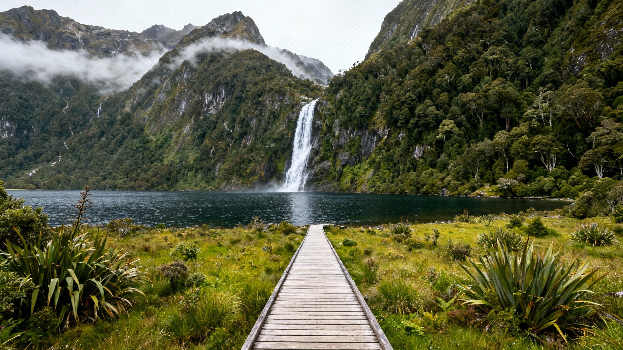 A wooden boardwalk leads across a grassy landscape to a dark lake and powerful waterfall amidst forested mountains.