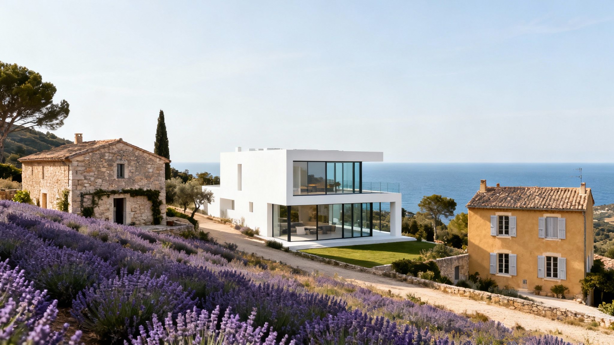 Three distinct houses, including modern and traditional styles, overlooking an ocean with a lavender field.
