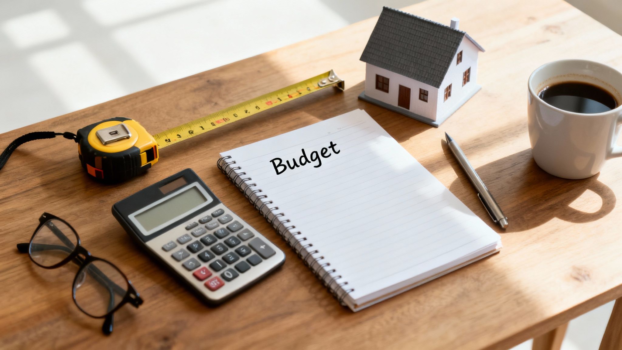 A wooden desk with a model house, budget notebook, measuring tape, calculator, and coffee.