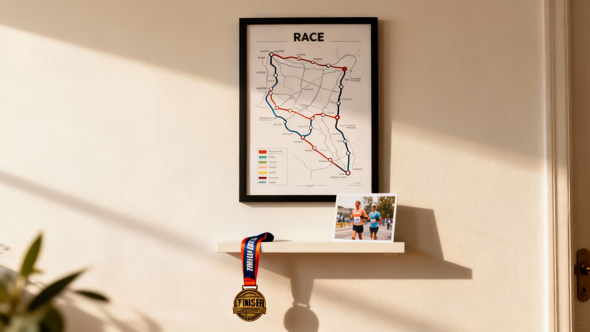 A framed race map, a finisher's medal, and a photo of runners on a white shelf.