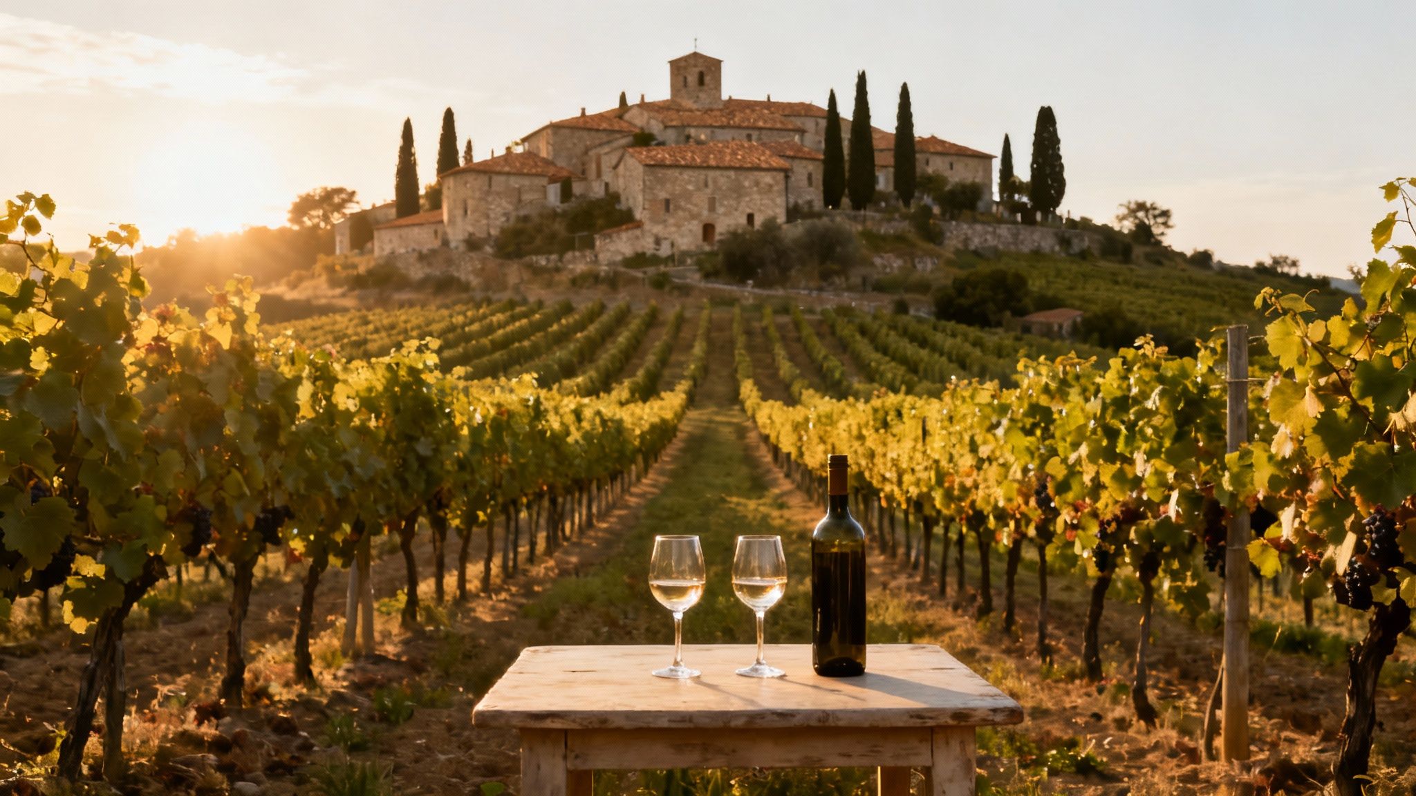 A scenic Tuscan vineyard at sunset with wine glasses and bottle on a table, overlooking a charming village on a hill.