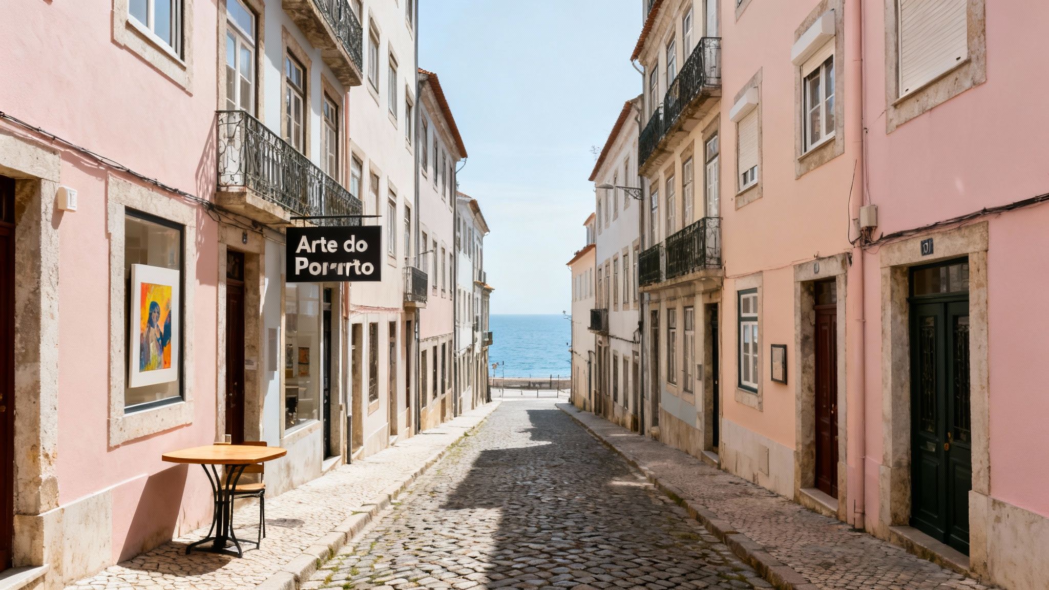 Charming cobblestone street in Porto, Portugal, with pastel buildings leading down to the ocean.