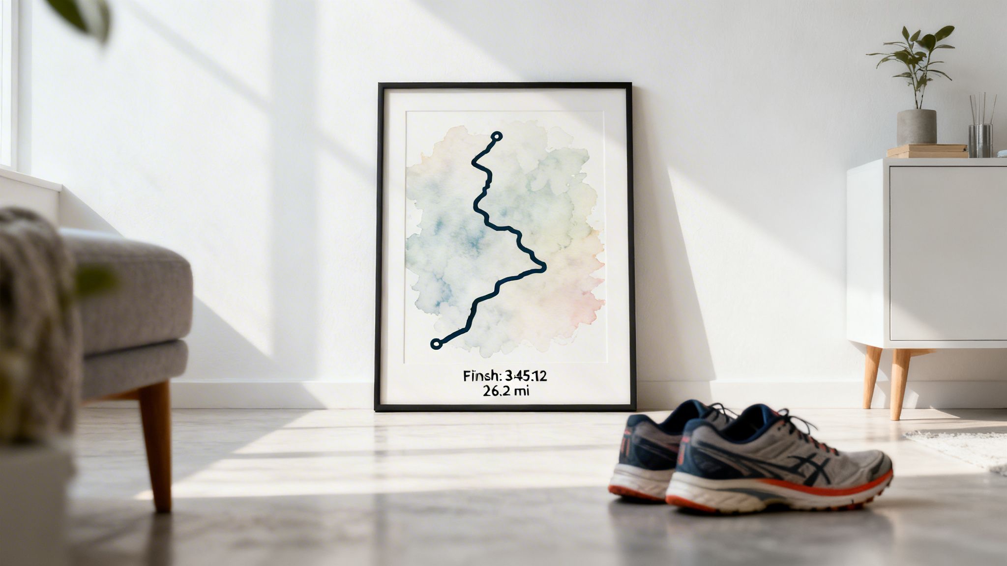 A personalized marathon route map poster with finish time and distance, next to running shoes in a sunny room.
