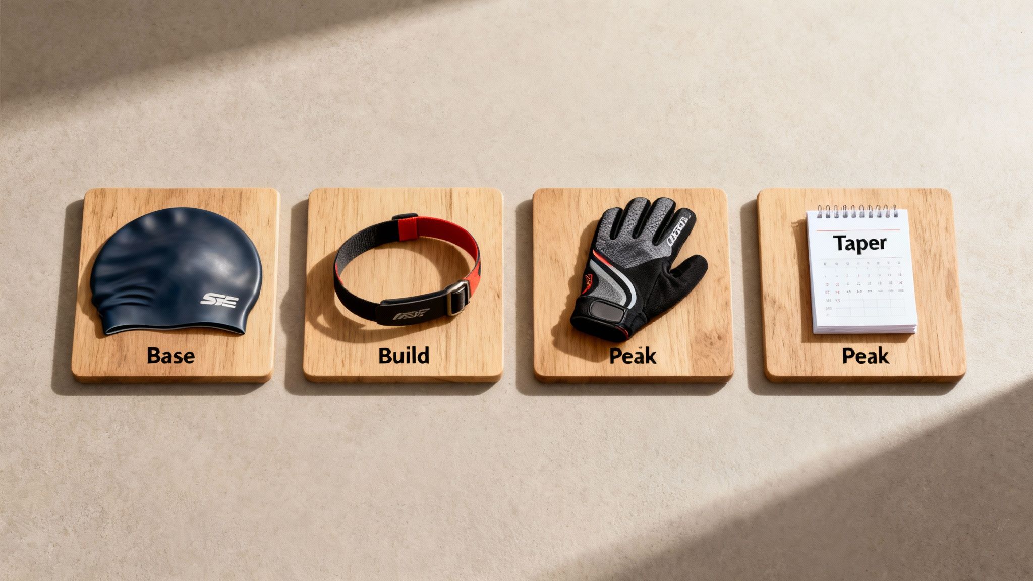 Four wooden blocks showing triathlon training phases: Base (swim cap), Build (heart rate monitor), Peak (glove), Peak (Taper calendar).