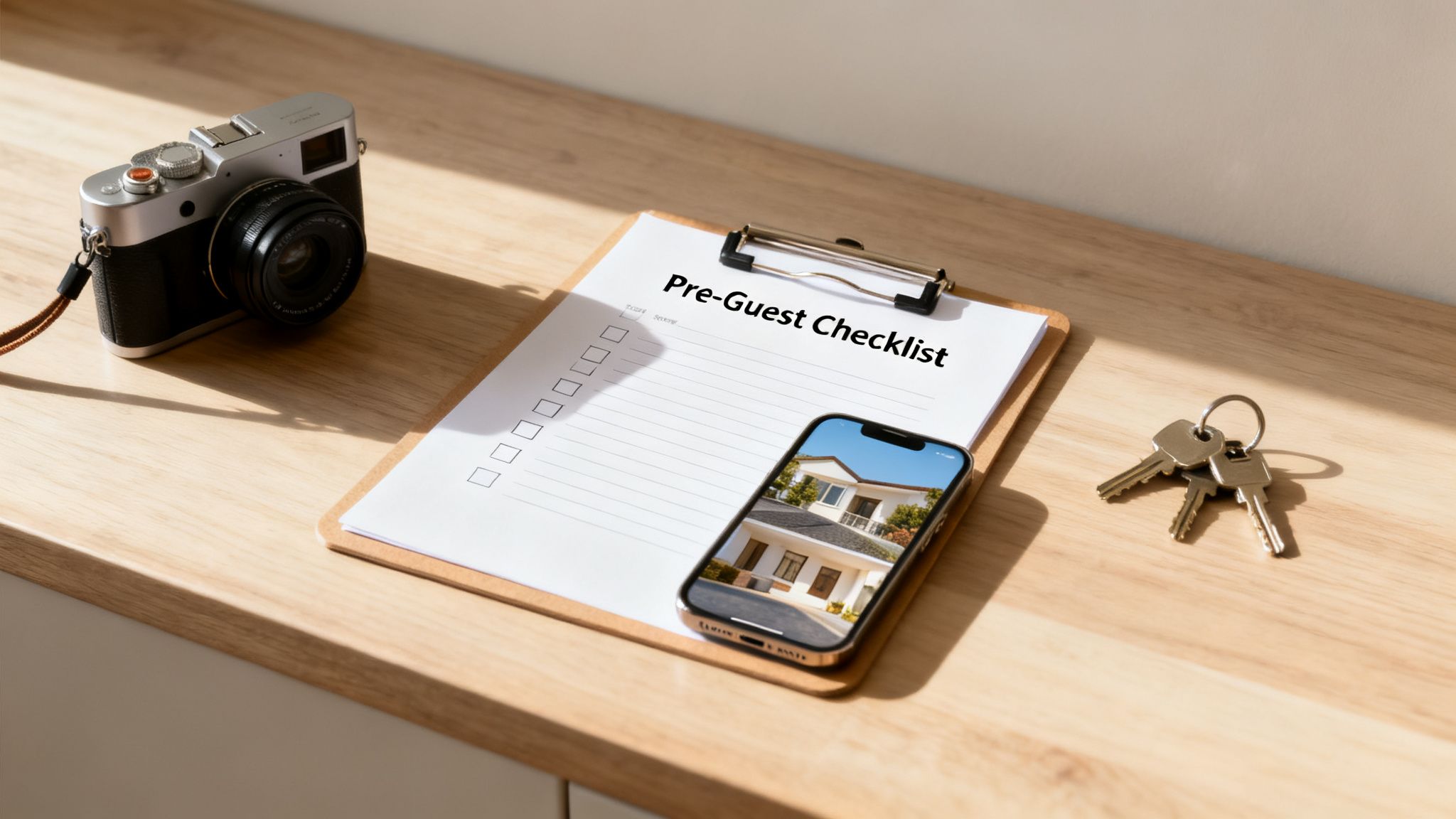Pre-guest checklist, smartphone displaying a house, keys, and camera on a sunlit wooden desk.