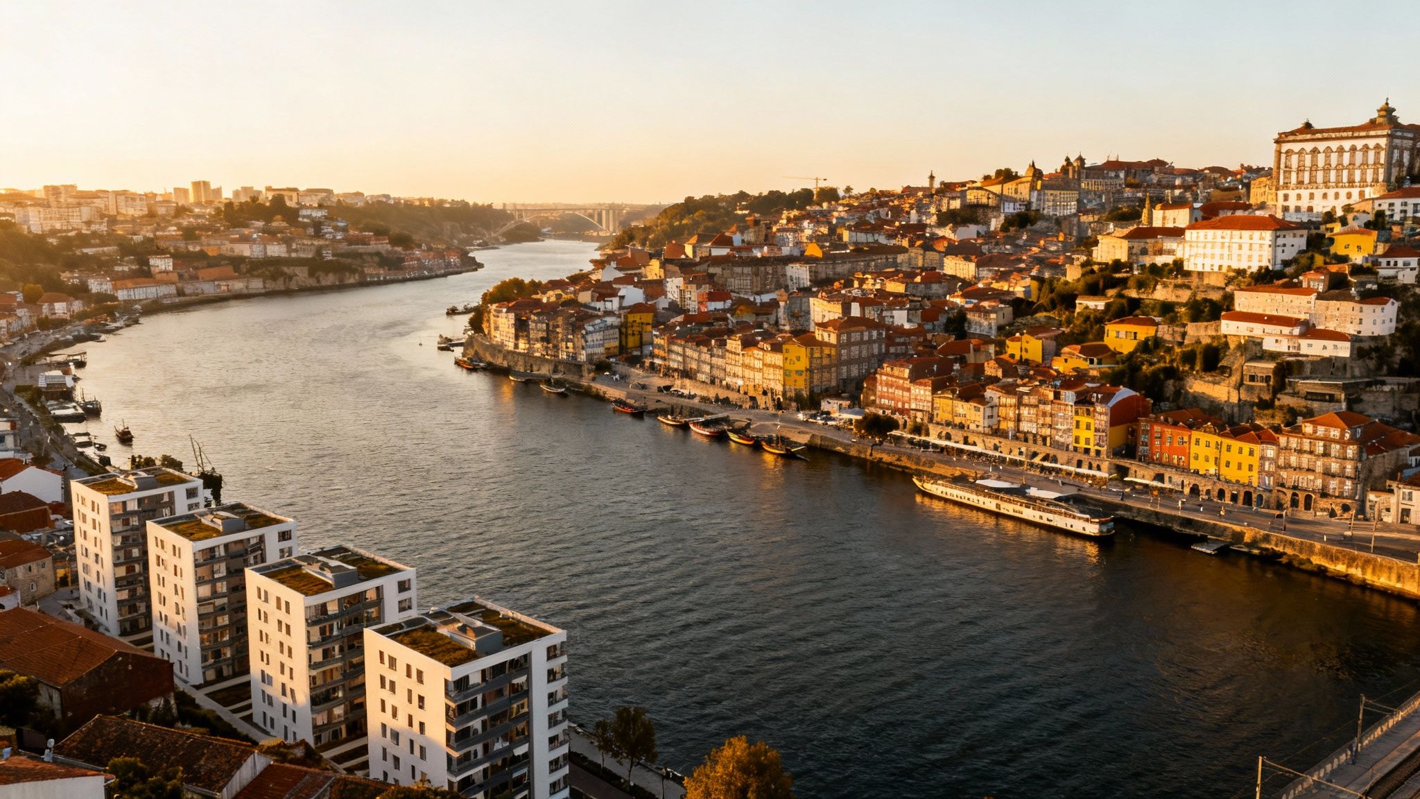 Porto, Portugal city panorama at golden hour, with the Douro River, colorful buildings, and a bridge.
