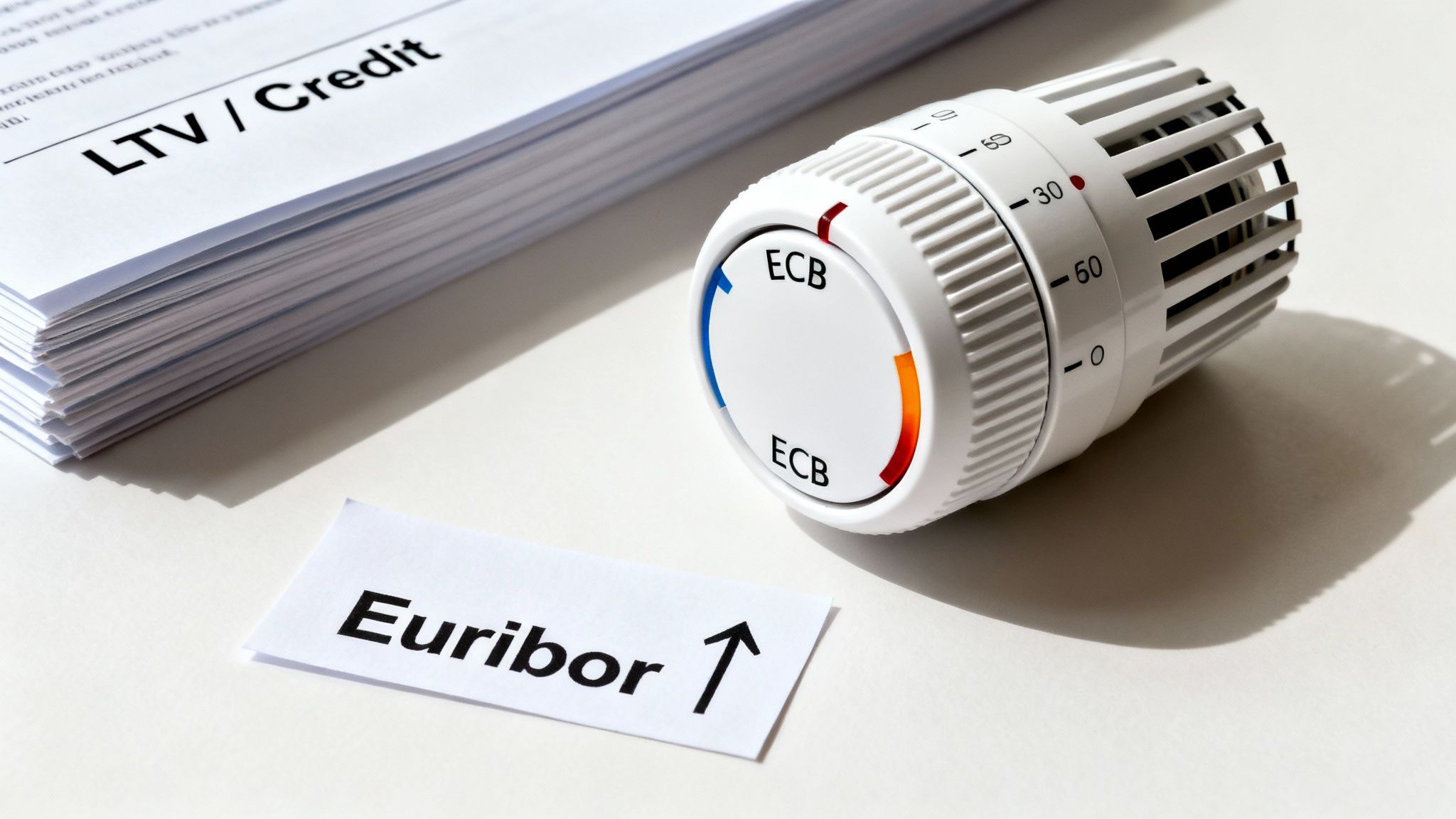 Financial documents, an ECB dial, and a 'Euribor up' sign depicting rising interest rates.