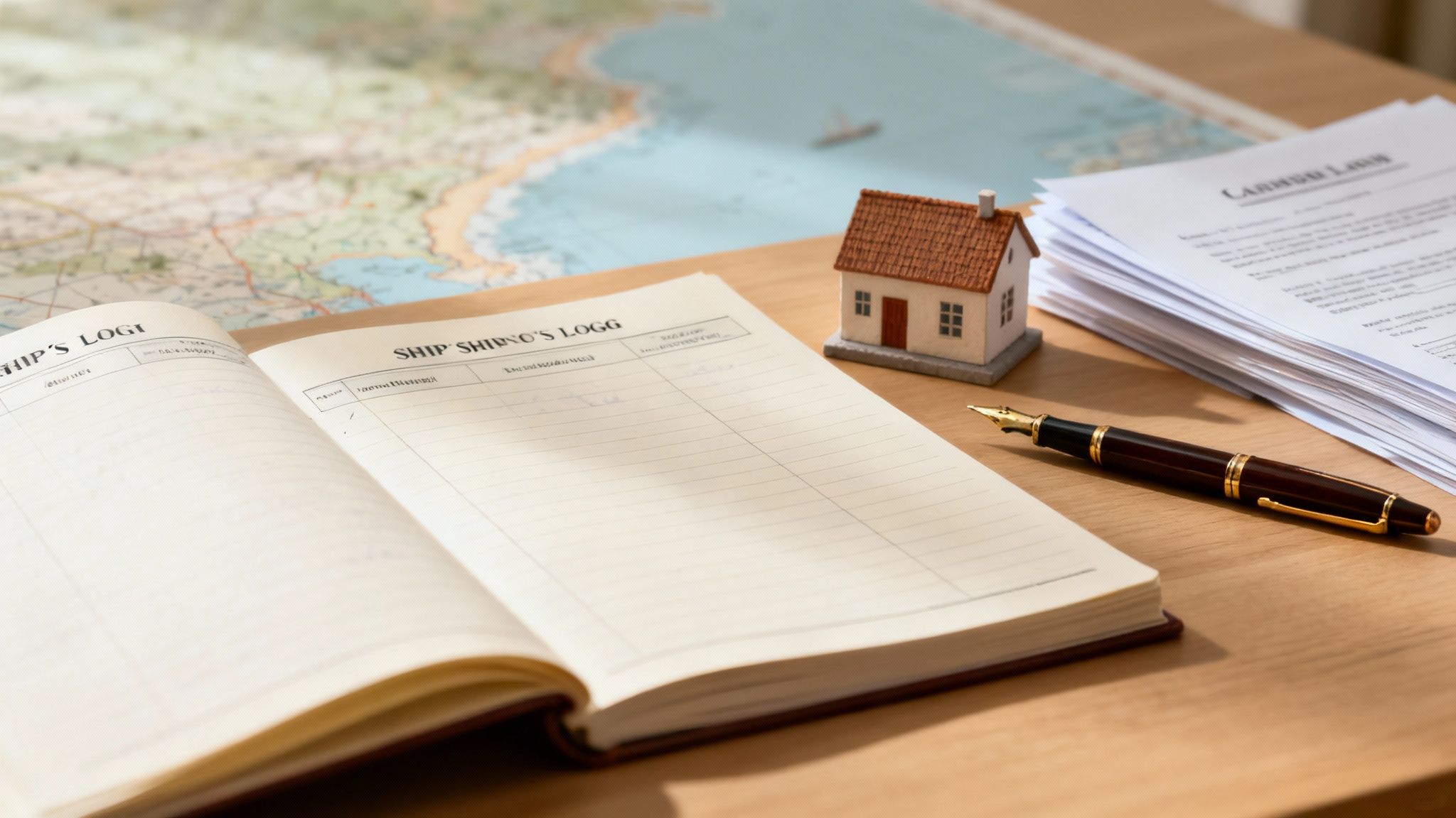 An open ship's logbook, a miniature house, a fountain pen, and documents on a wooden desk with a map.