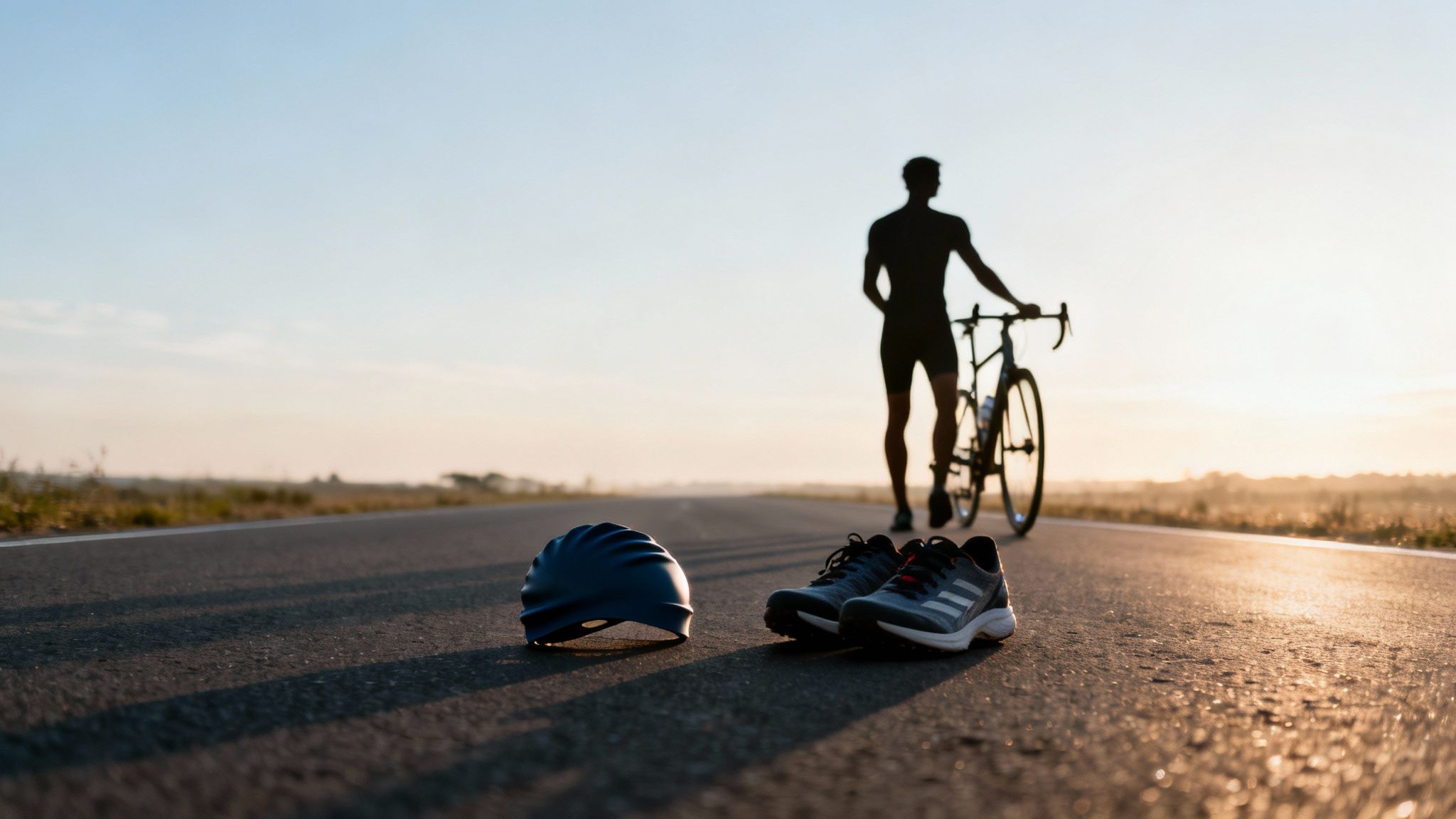 Cycling helmet and running shoes on a road with a silhouetted triathlete and bike at dawn.