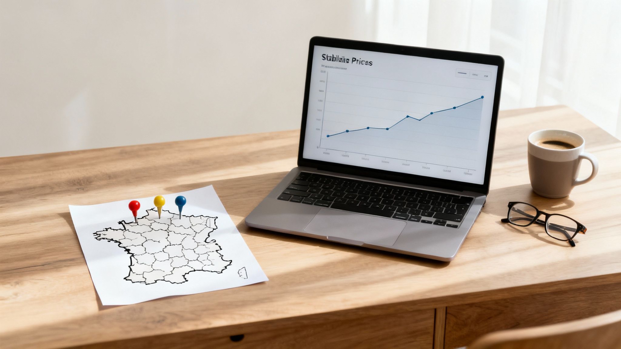 A wooden desk with a laptop showing a price graph, a map of France with pins.