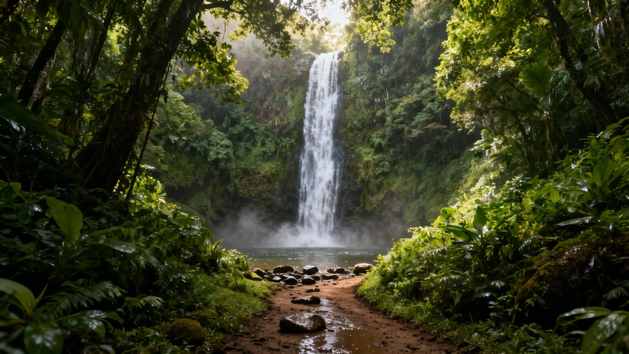 A majestic waterfall cascades into a serene pool in a vibrant, sunlit tropical rainforest, with a path leading towards it.