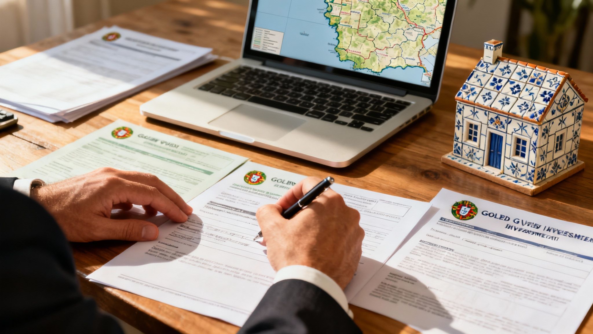 A modern investment portfolio chart overlaid on a scenic view of Portugal's coastline