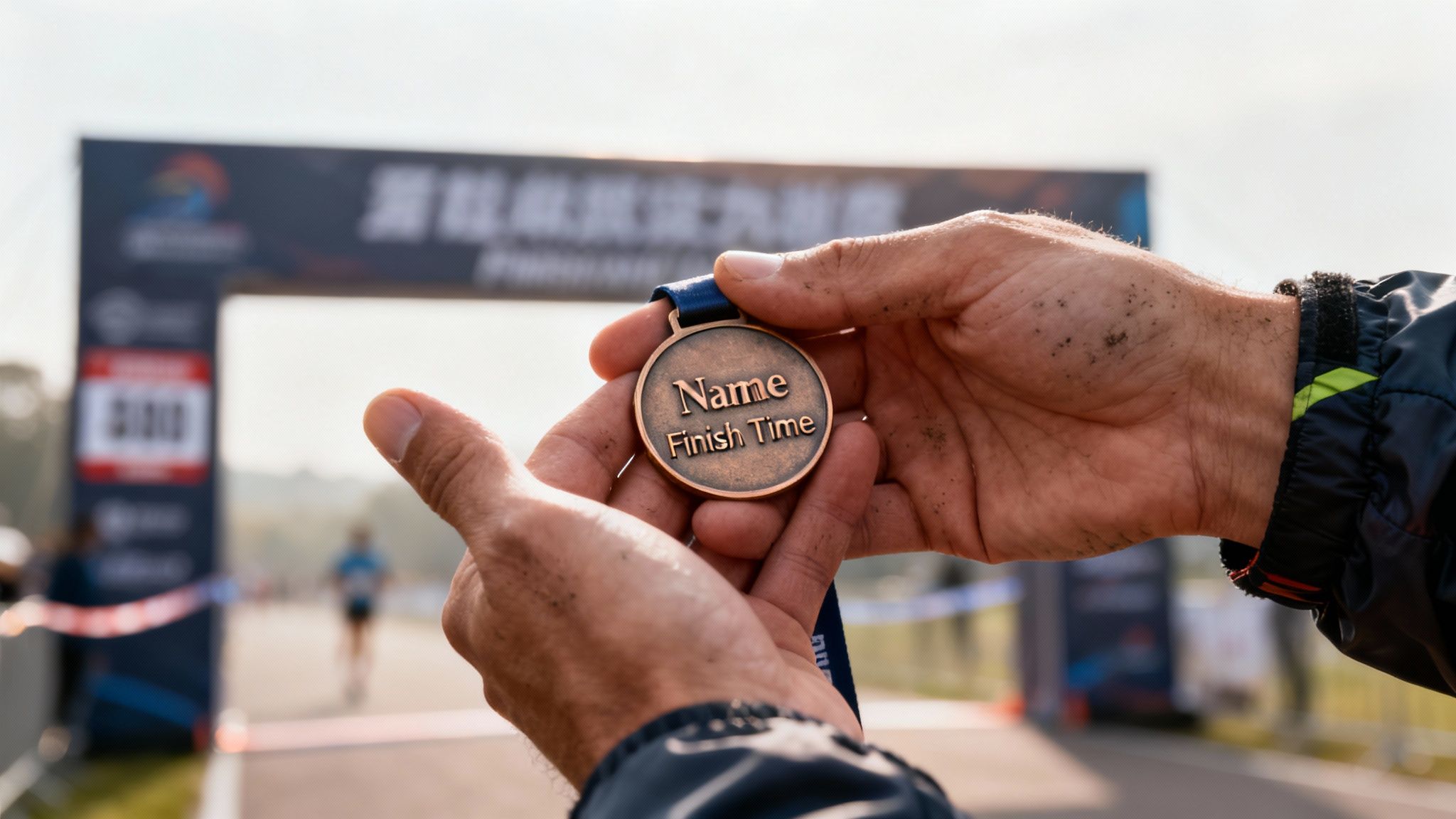 Hands holding a personalized bronze medal with 'Name Finish Time' after a muddy race.
