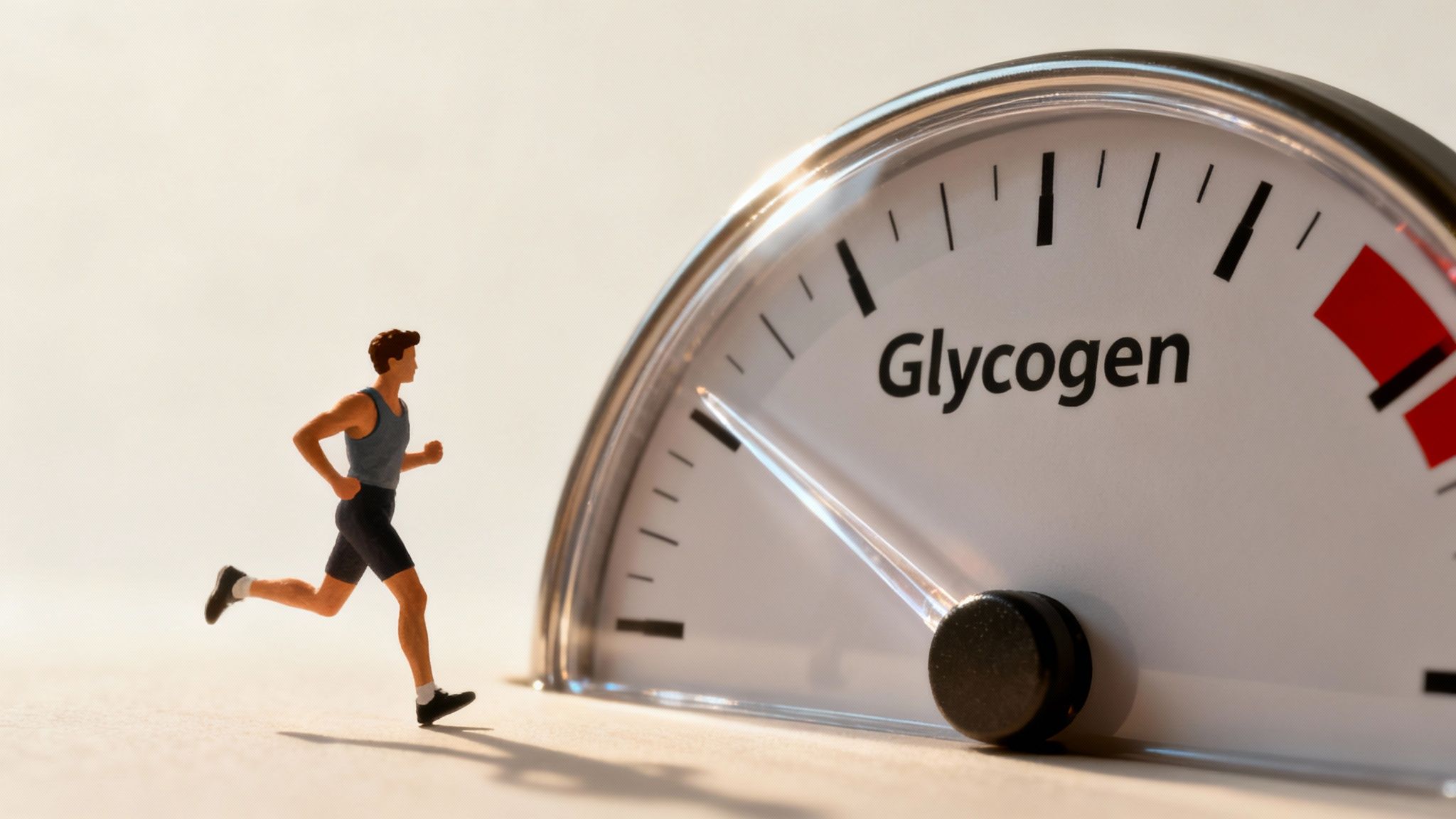A miniature runner jogs next to a 'Glycogen' gauge indicating low energy reserves.