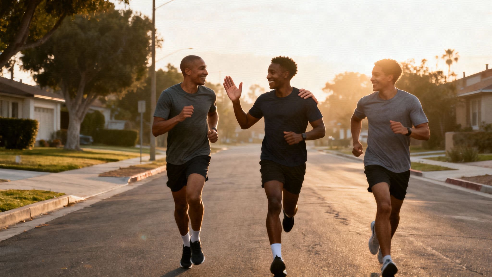 Three smiling men run together on a residential street at sunset, high-fiving each other.