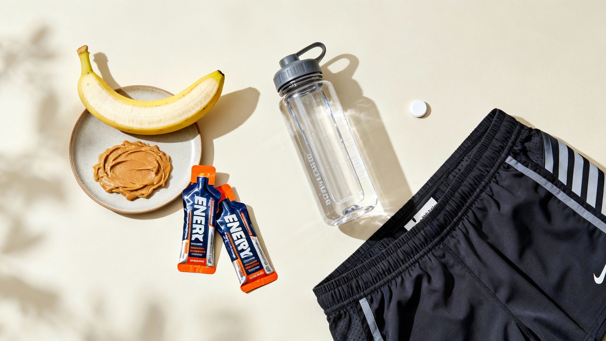 A flat lay of running essentials: a banana, peanut butter, energy gels, water bottle, and running shorts.