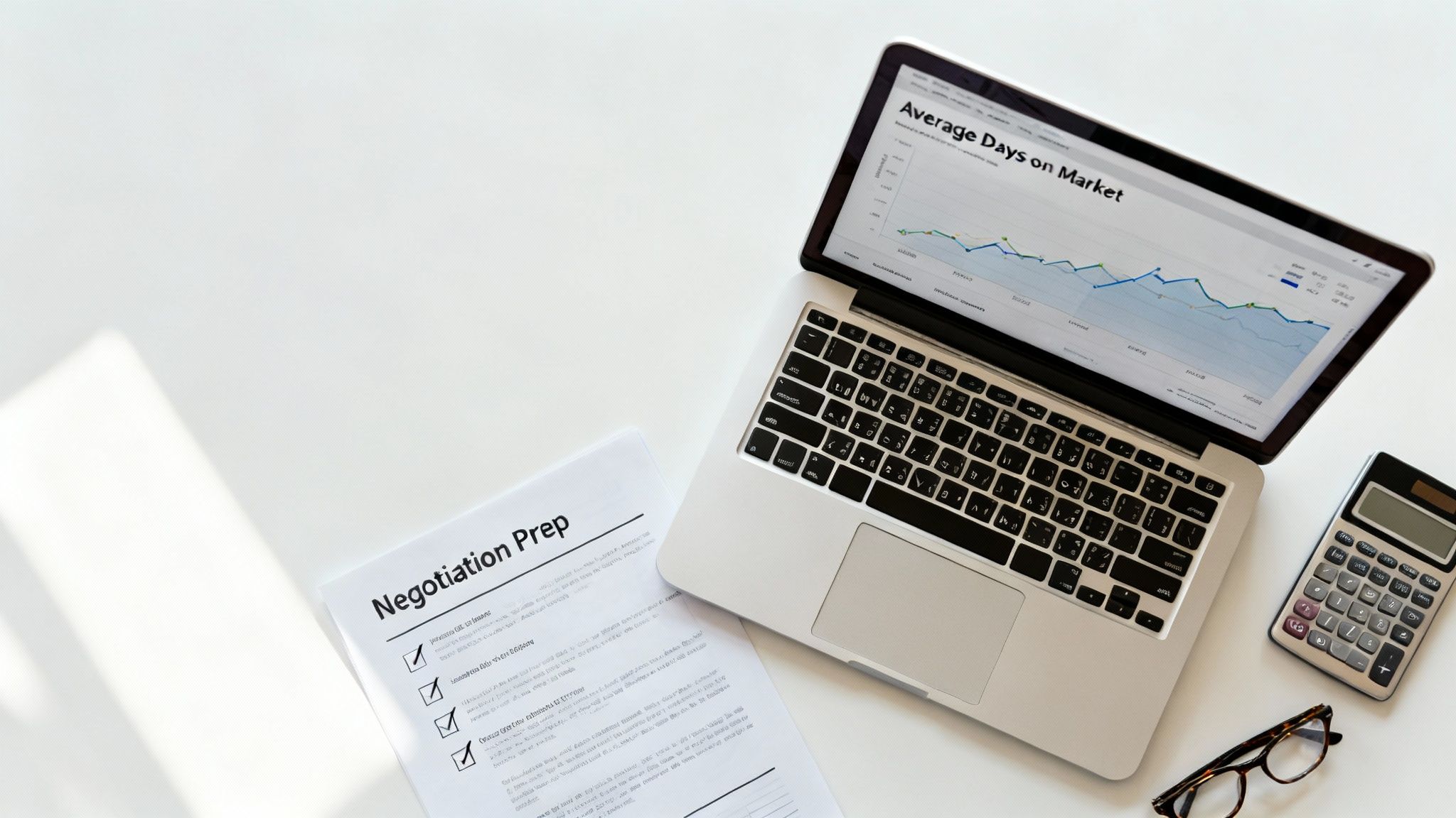 A flat lay of a laptop displaying real estate data, a negotiation prep document, calculator, and glasses.