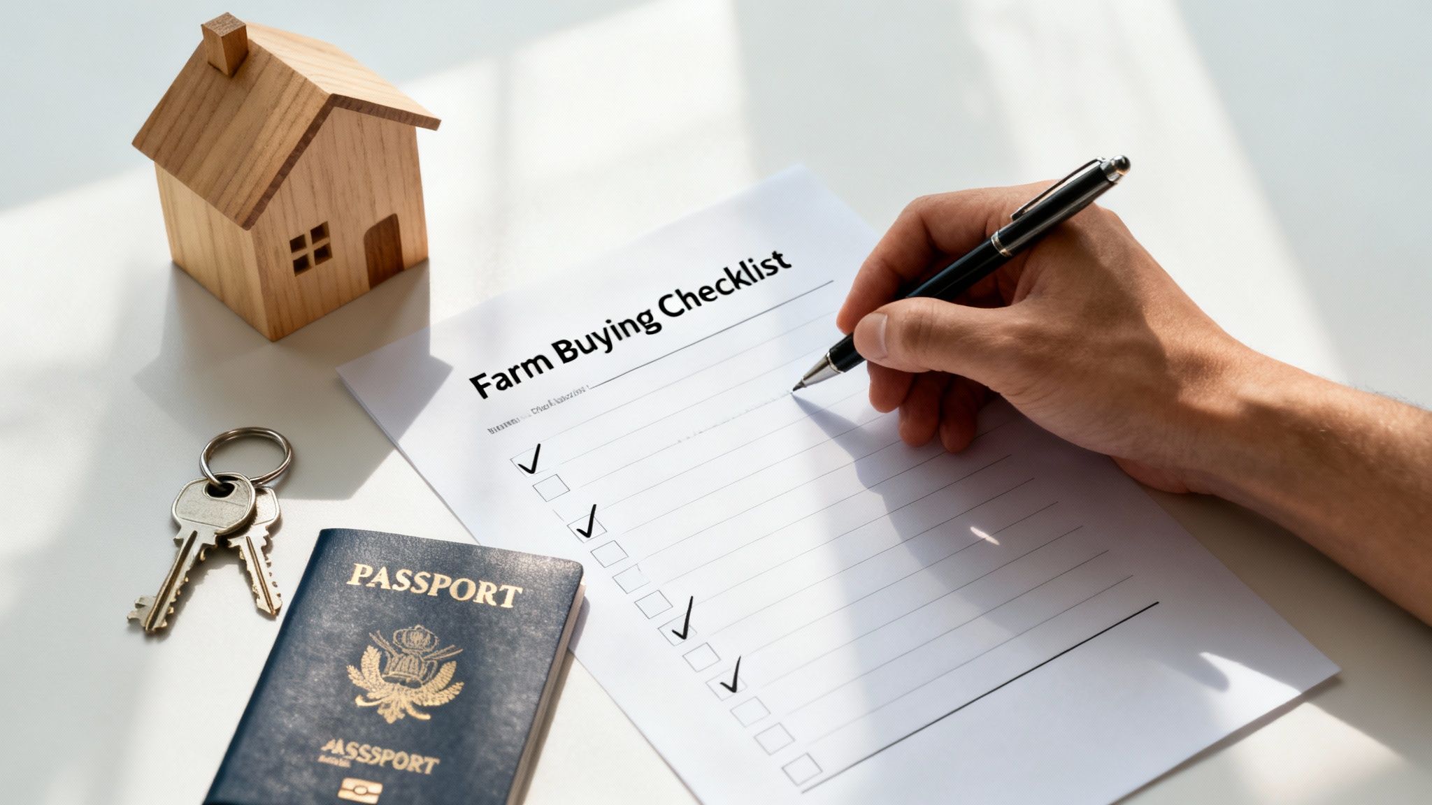 A person checks off items on a 'Farm Buying Checklist' with a wooden house model, keys, and a passport nearby.