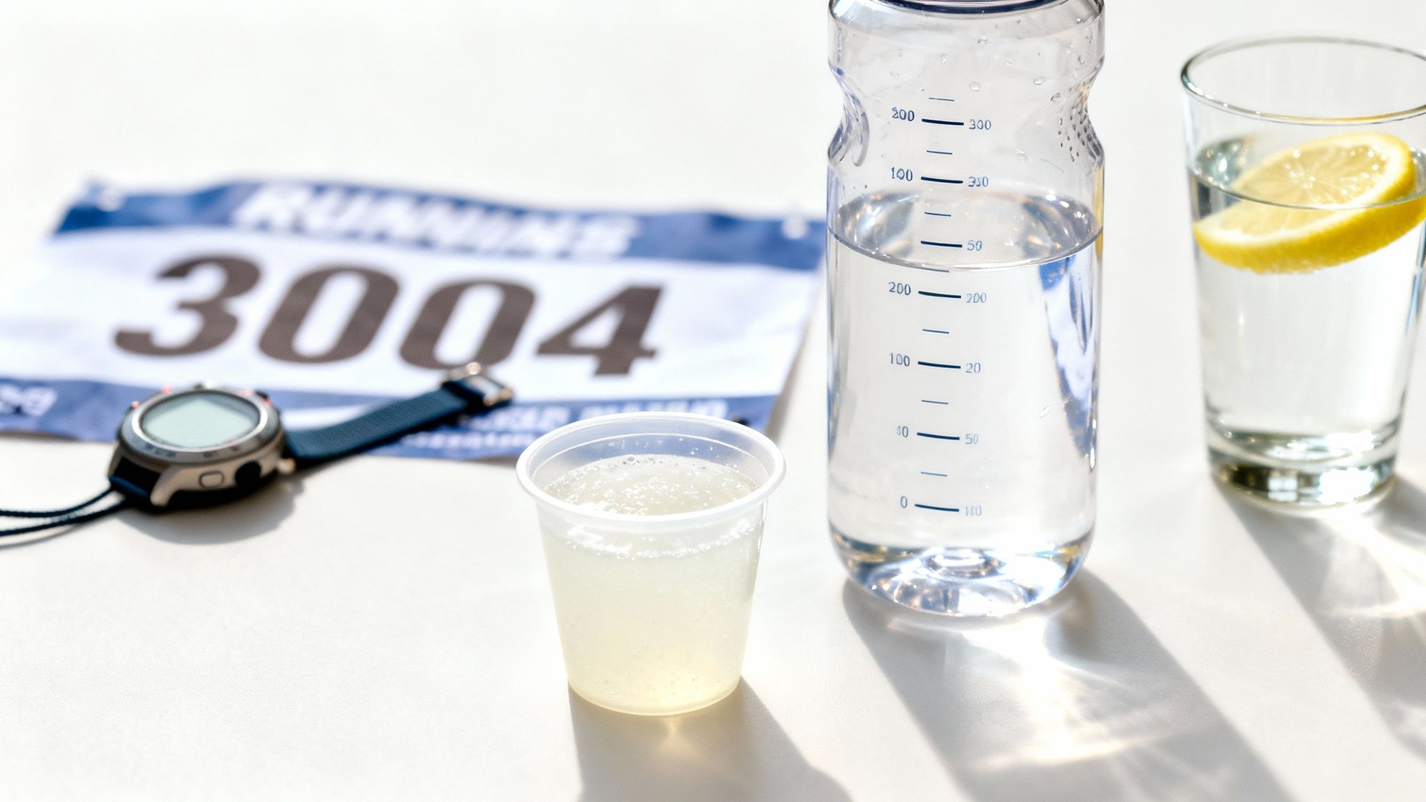 Running essentials: race bib, stopwatch, electrolyte drink, water bottle, and lemon water.